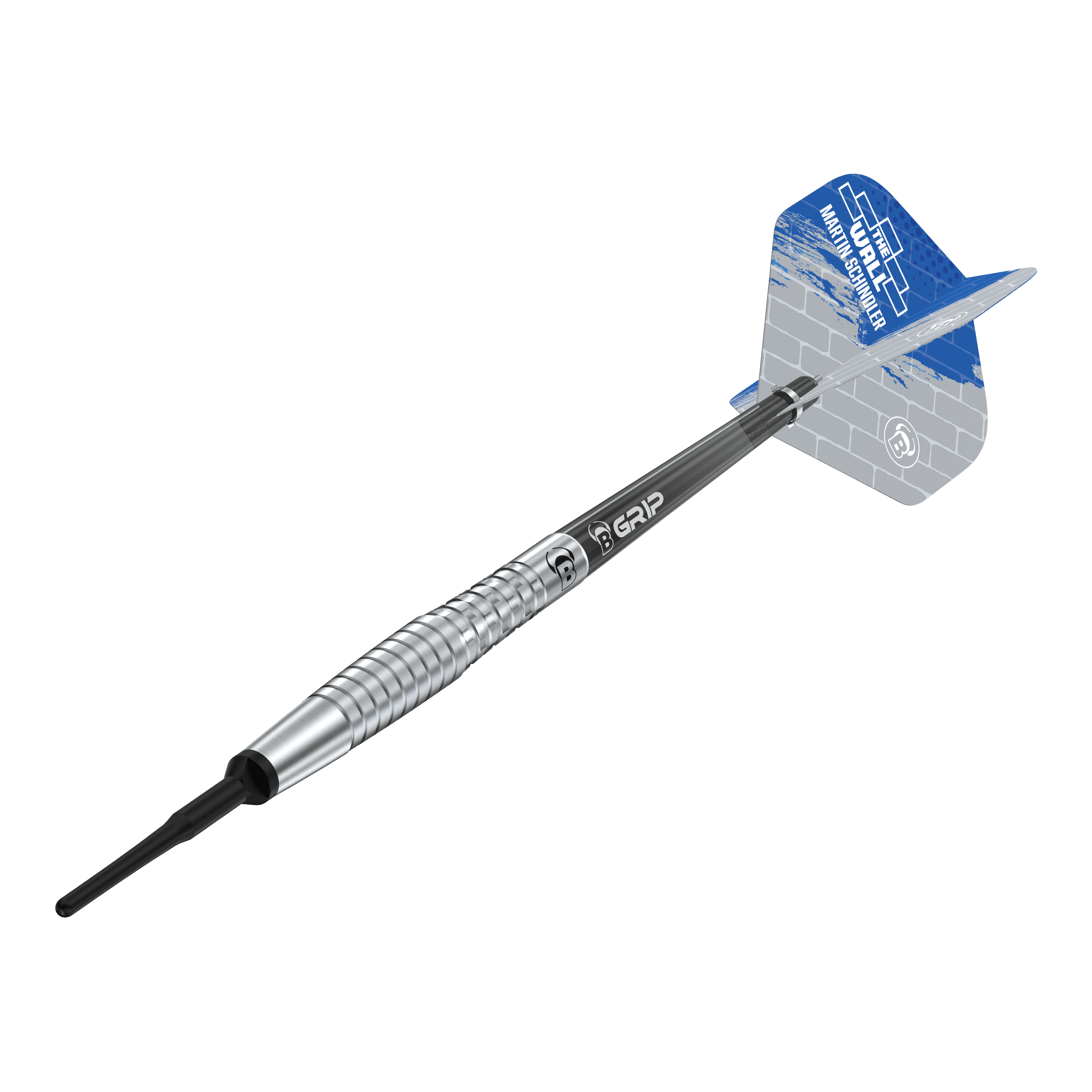 Měkké šipky Bulls Martin Schindler Original Generation 2 Das Bild zeigt den Softdart "Bulls Martin Schindler Original Generation 2". Der Dartpfeil hat einen silbernen, geriffelten Barrel und blaue Flights mit weißem Muster.