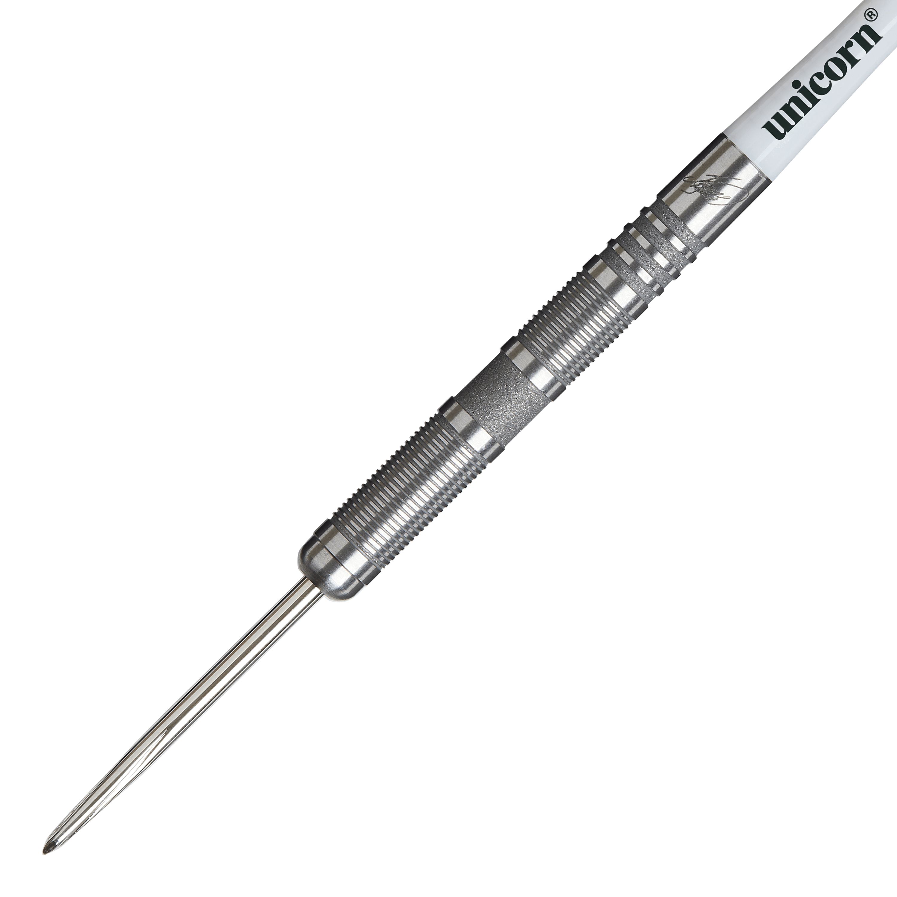 Ocelové šipky Unicorn James Wade The Machine Range Fáze 4 Das Bild zeigt einen Unicorn James Wade The Machine Range Phase 4 Steeldart. Der Dartpfeil ist silberfarben und hat eine geriffelte Griffzone für besseren Halt.
