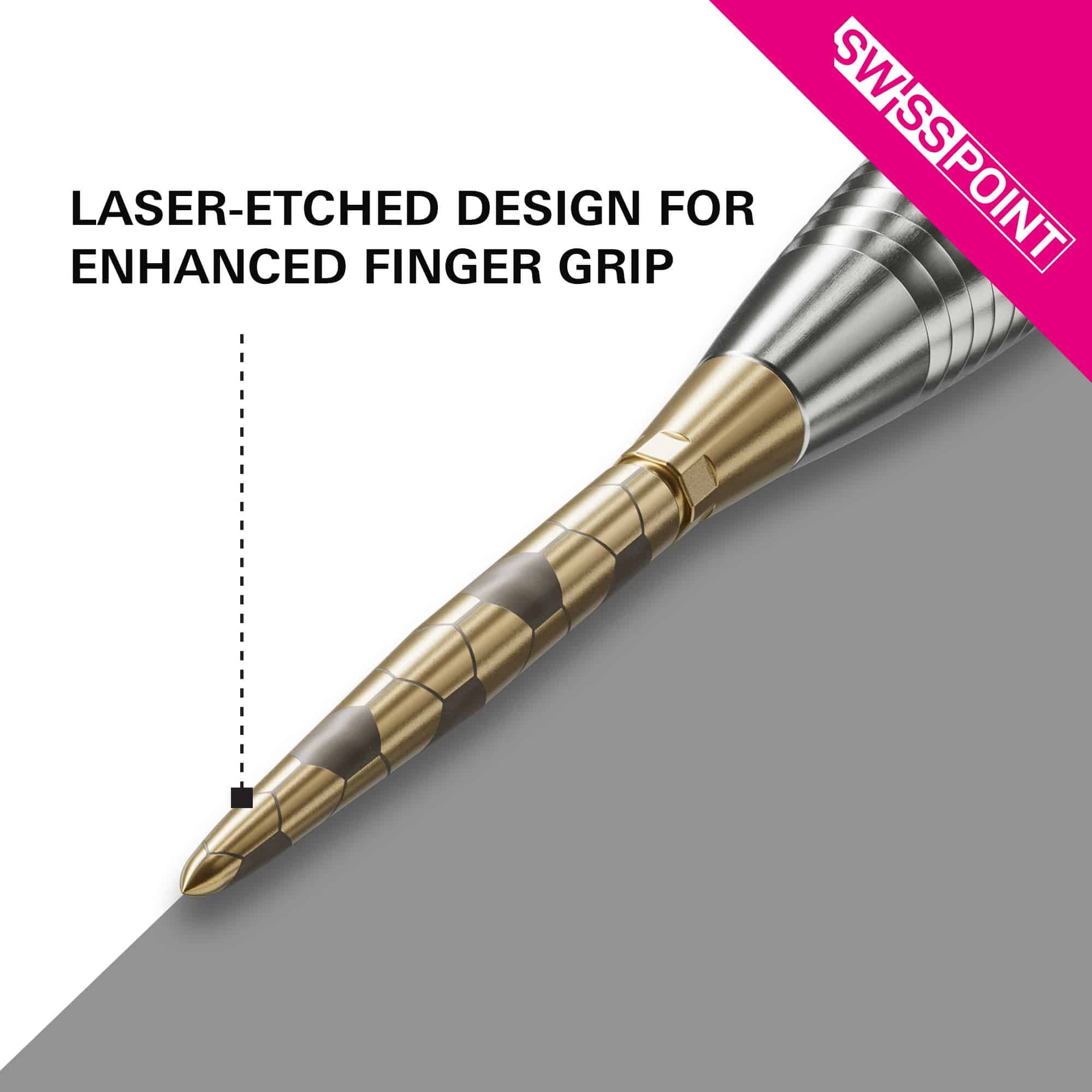 Špičky na šipky Target Swiss Storm Onyx Point - zlaté Das Bild zeigt die goldene Target Swiss Storm Onyx Point Dartspitze mit einem lasergravierten Design. Dieses Design sorgt für einen verbesserten Fingergriff.
