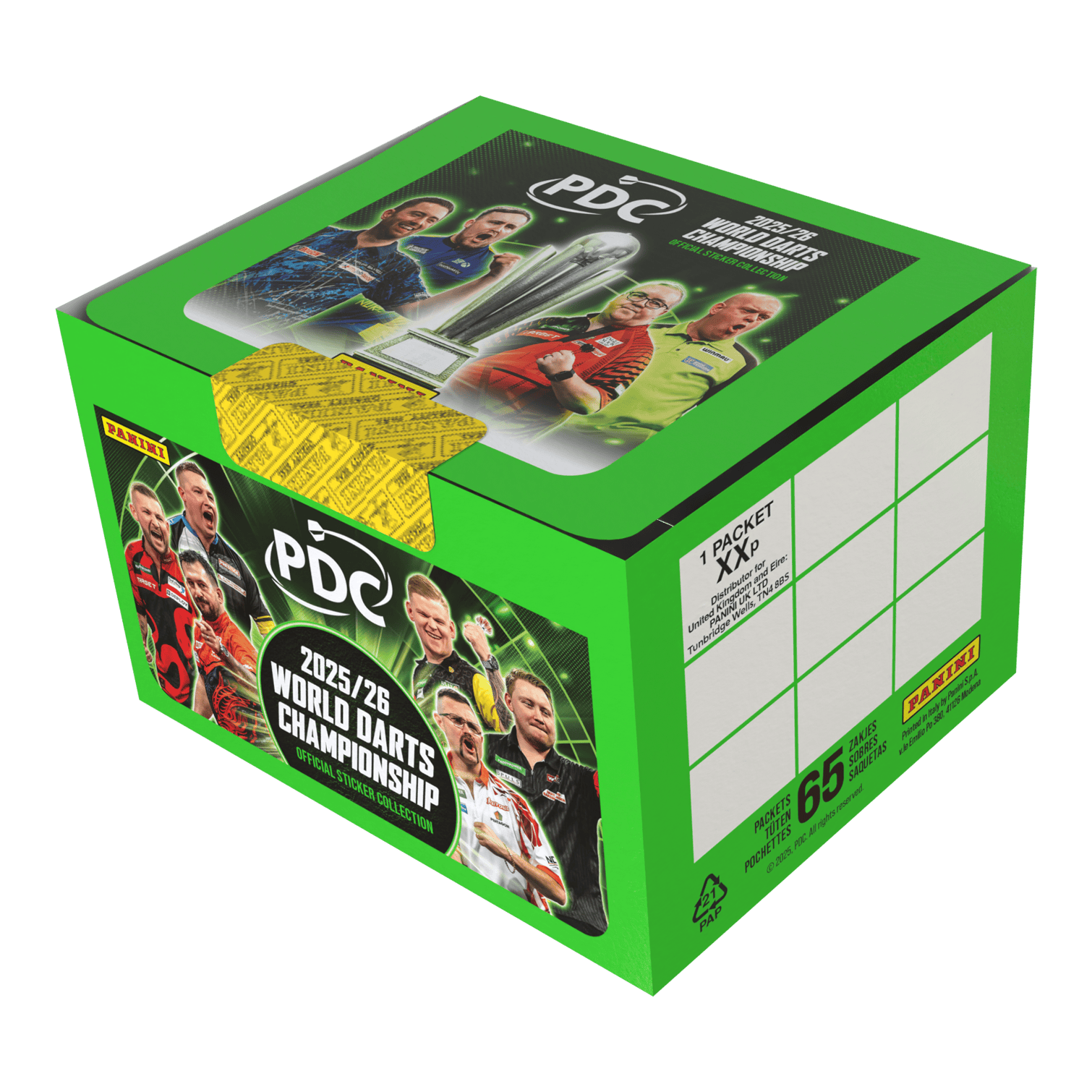 Abgebildet ist die Panini PDC World Darts Championship 2025/26 Stickerbox mit 65 Tüten. Diese Box enthält Stickertüten zum Sammeln von Motiven des Darts-Turniers.