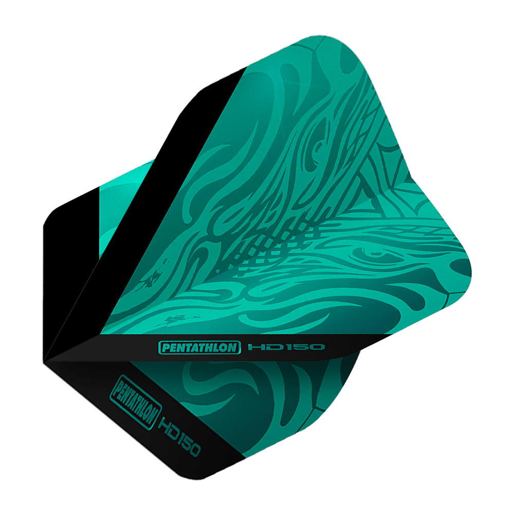 Pentathlon HD150 Metallic Aqua Standardní letky Das Bild zeigt die Pentathlon HD150 Metallic Aqua Standard Flights. Die Flights haben ein auffälliges, aqua-blaues Design mit schwarz abgesetzten Akzenten.