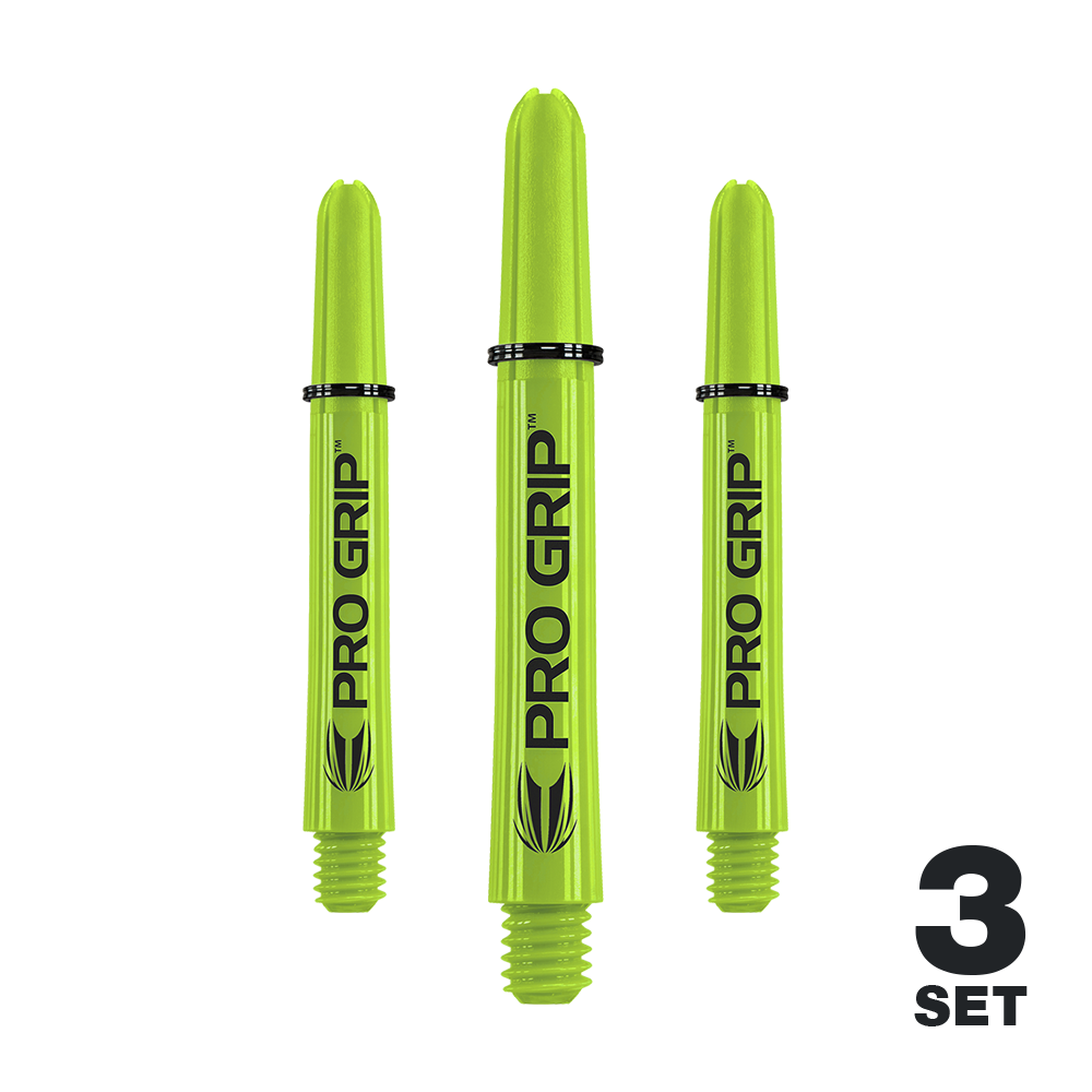 Target Pro Grip Shafts - 3 sady - Lime Green Das Bild zeigt drei limegrüne Pro Grip Shafts für Darts. In der rechten unteren Ecke steht "3 SET".