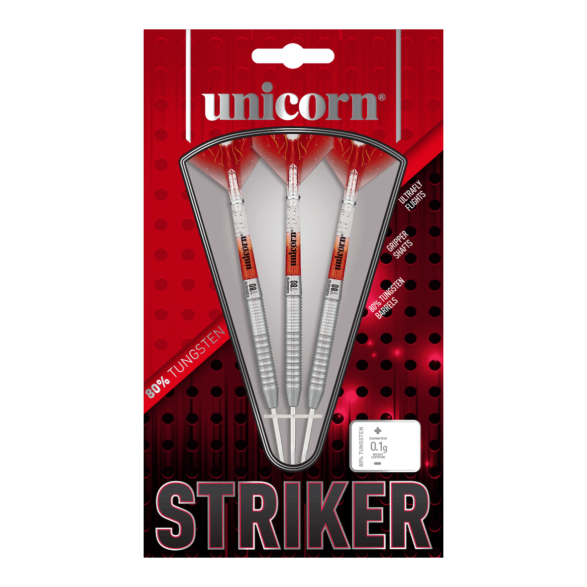 Ocelové šipky Unicorn Core XL Striker Style 5 Das Bild zeigt die Verpackung der "Unicorn Core XL Striker Style 5 Steeldarts". In der Packung befinden sich drei Steeldarts mit silbernen Schäften und roten Flights.