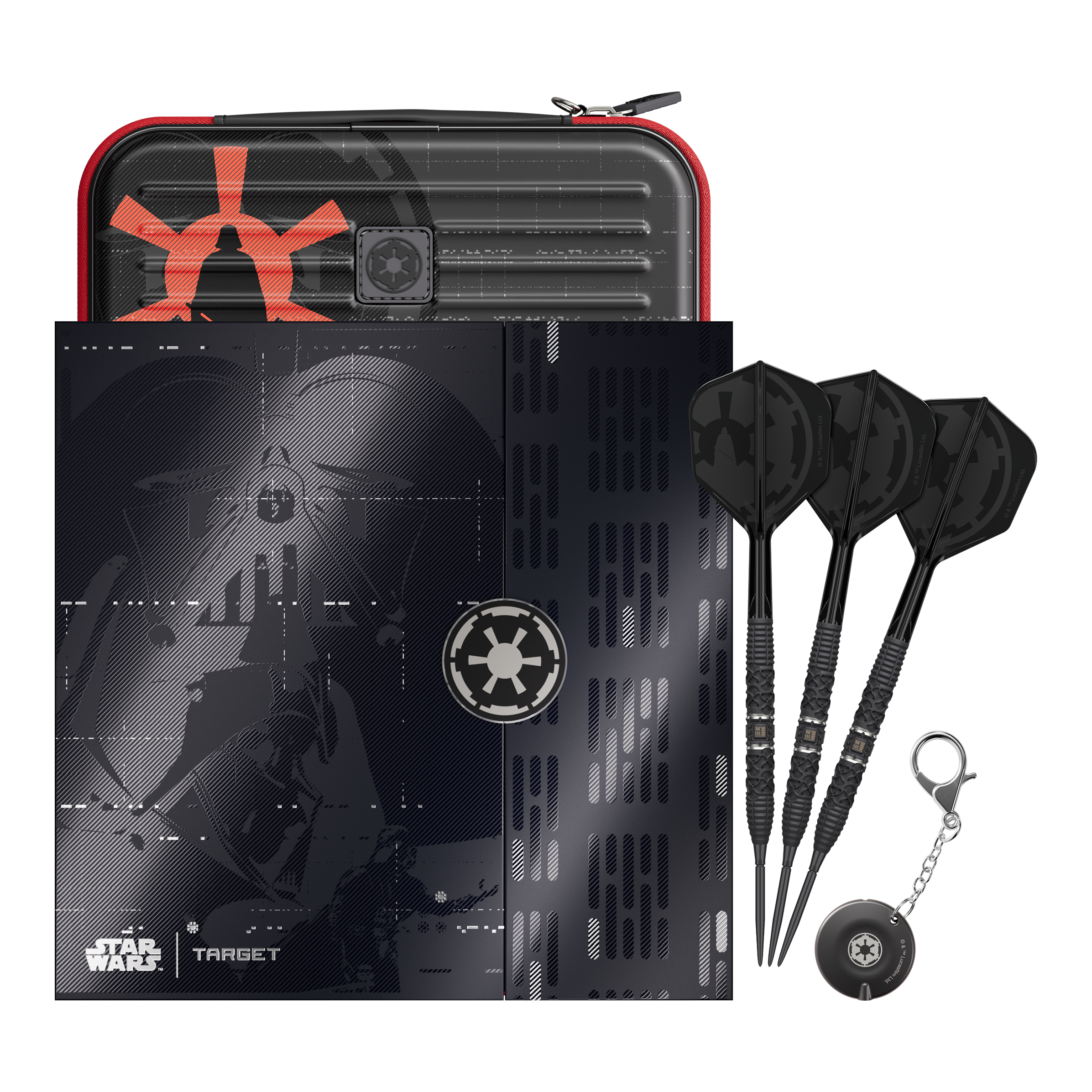 Das Bild zeigt die Target Star Wars Darth Vader 95 Swiss Point Steeldarts. Diese Steeldarts sind im Darth Vader Design gehalten.