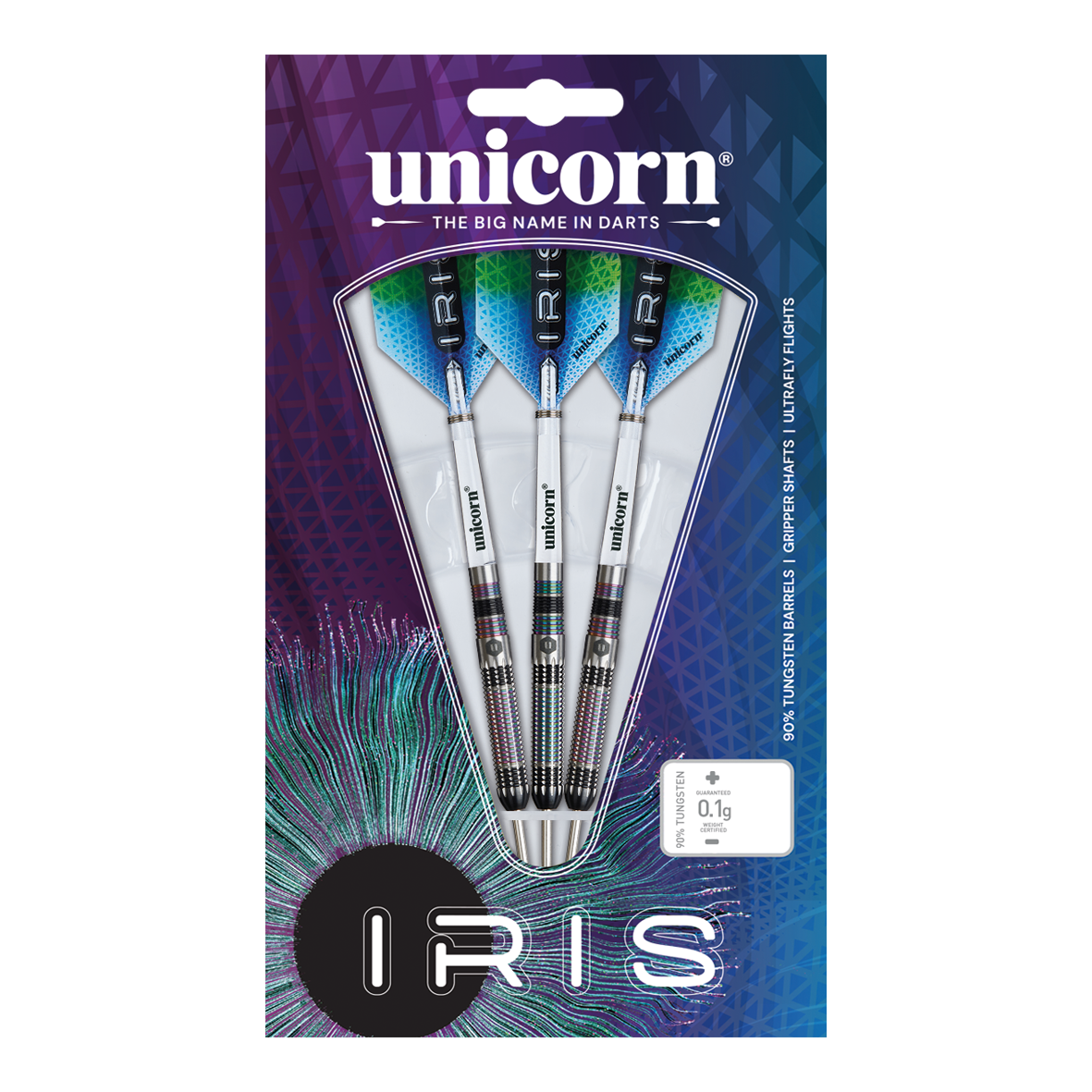 Ocelové šipky Unicorn Iris Das Bild zeigt eine Verpackung mit drei Steeldarts der Marke "Unicorn Iris". Die Darts haben silberne Schäfte und blaue Flights, und die Verpackung ist bunt gestaltet.