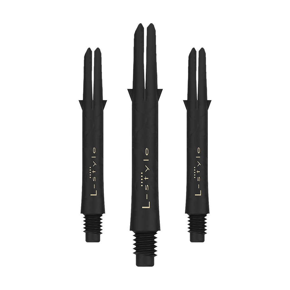 Karbonové hřídele ve stylu L Das Bild zeigt drei schwarze Dartschäfte aus Carbon der Marke L-style. Die Schäfte sind ohne Kappen und haben eine Länge von 39 mm.
