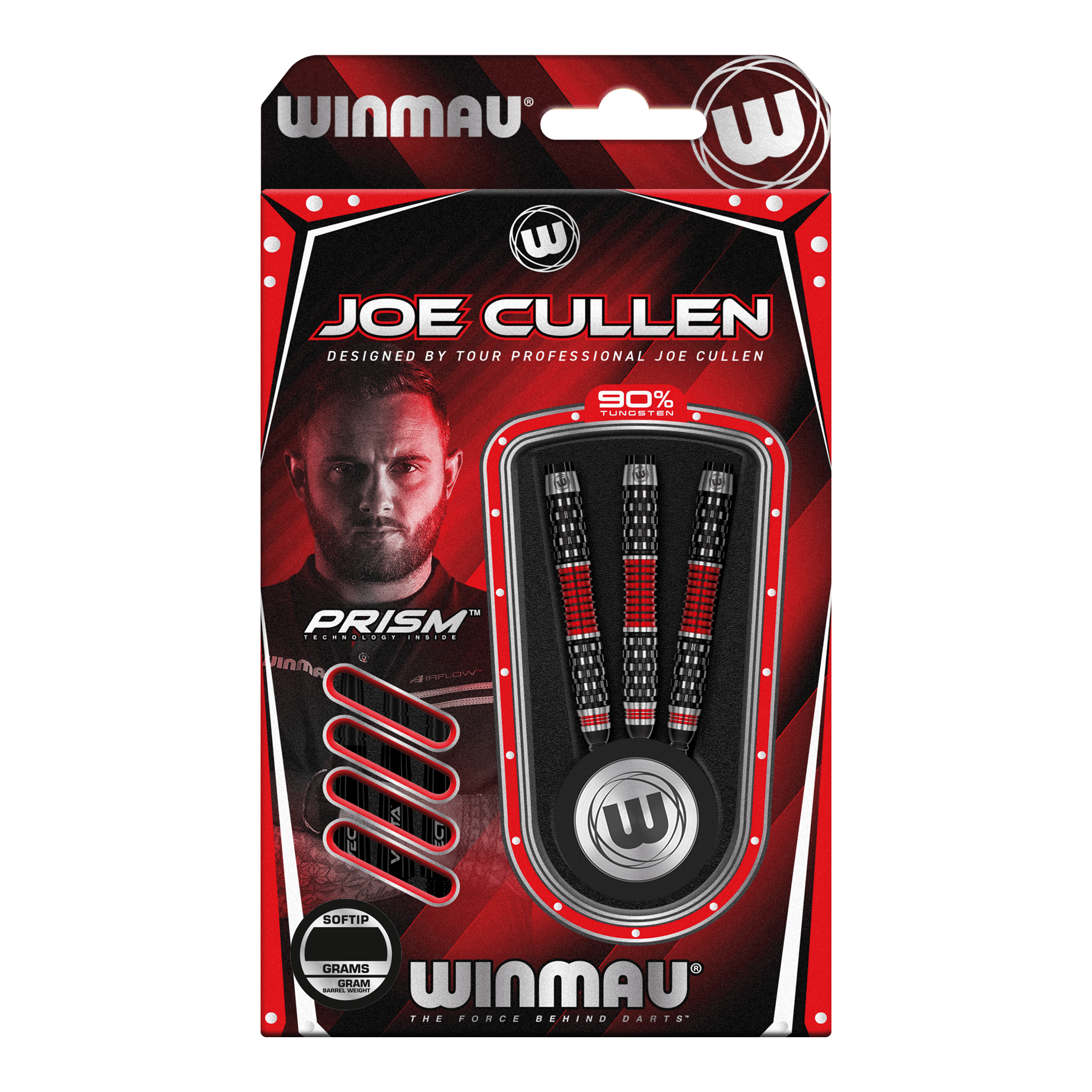 Šipky Winmau Joe Cullen Rockstar Series RS1 měkké - 20g Die Abbildung zeigt die Winmau Joe Cullen Rockstar Series RS1 Softdarts mit 20g Gewicht. Die Darts sind in einer rot-schwarzen Verpackung und enthalten 90% Tungsten.