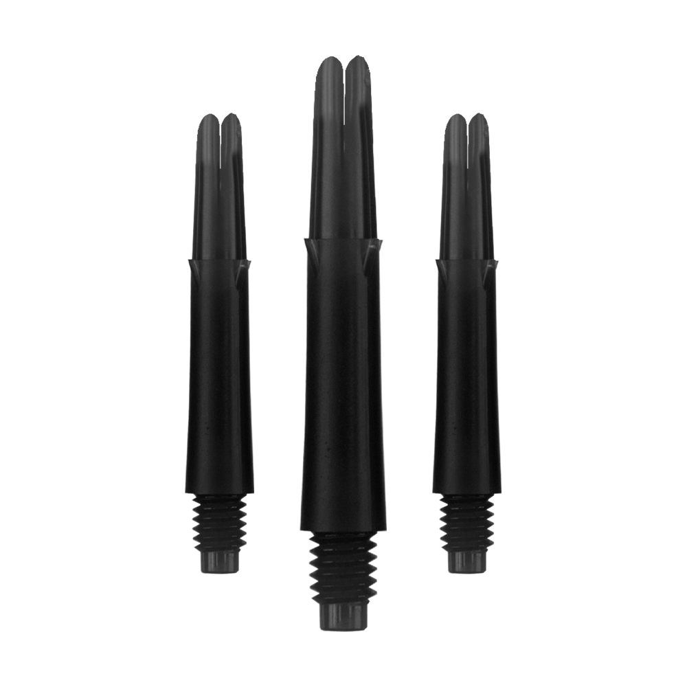 L-L-Style-Shafts Uzamčené rovné - Černé Auf dem Bild sind drei schwarze Dartschäfte in unterschiedlichen Längen zu sehen. Sie sind gerade geformt und haben ein Gewinde am unteren Ende.