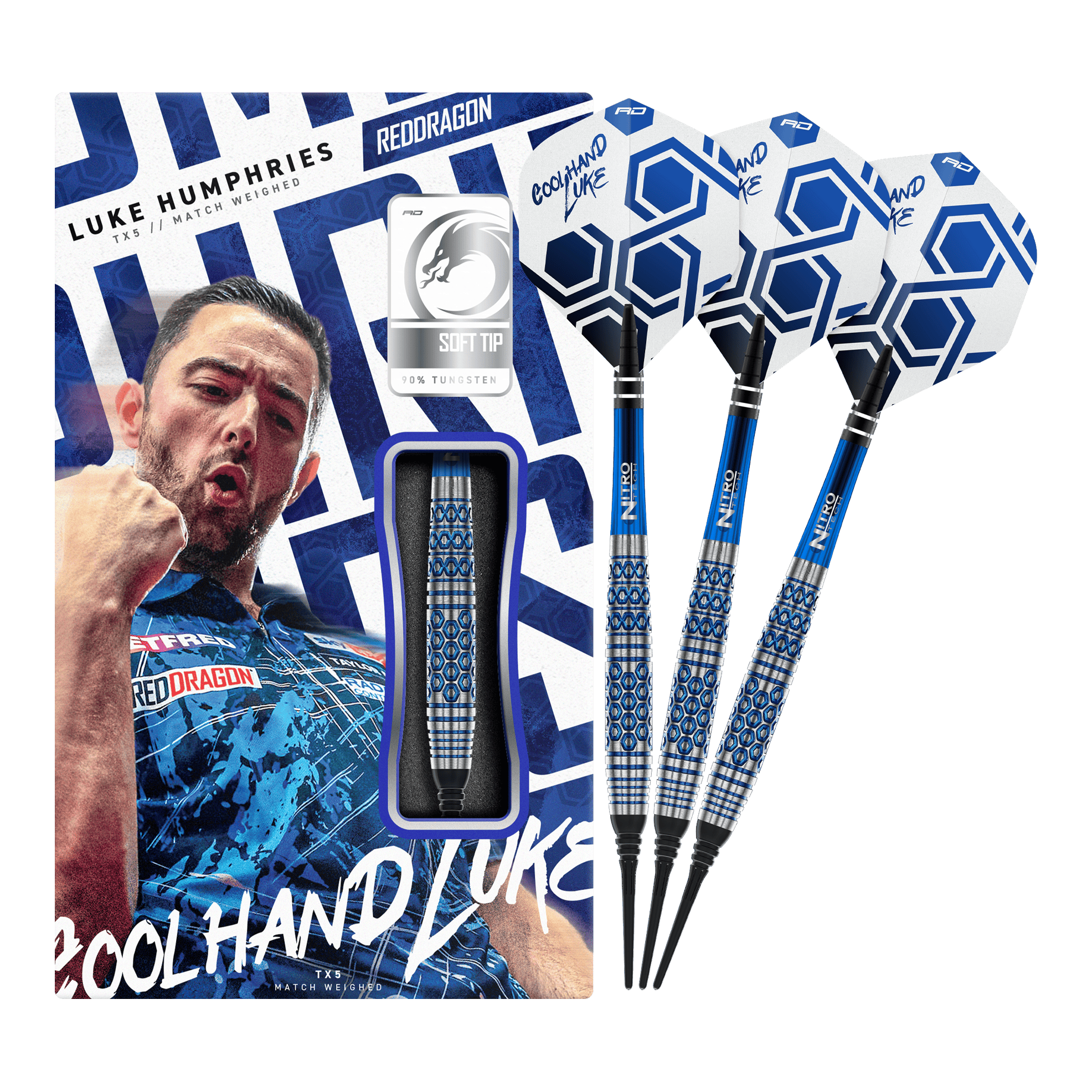 Šipky Red Dragon Luke Humphries TX5 měkké - 20g Das Foto zeigt die Red Dragon Luke Humphries TX5 Softdarts - 20g in voller Länge. Sie sind für das Softdartspiel ausgelegt und wiegen 20 Gramm.