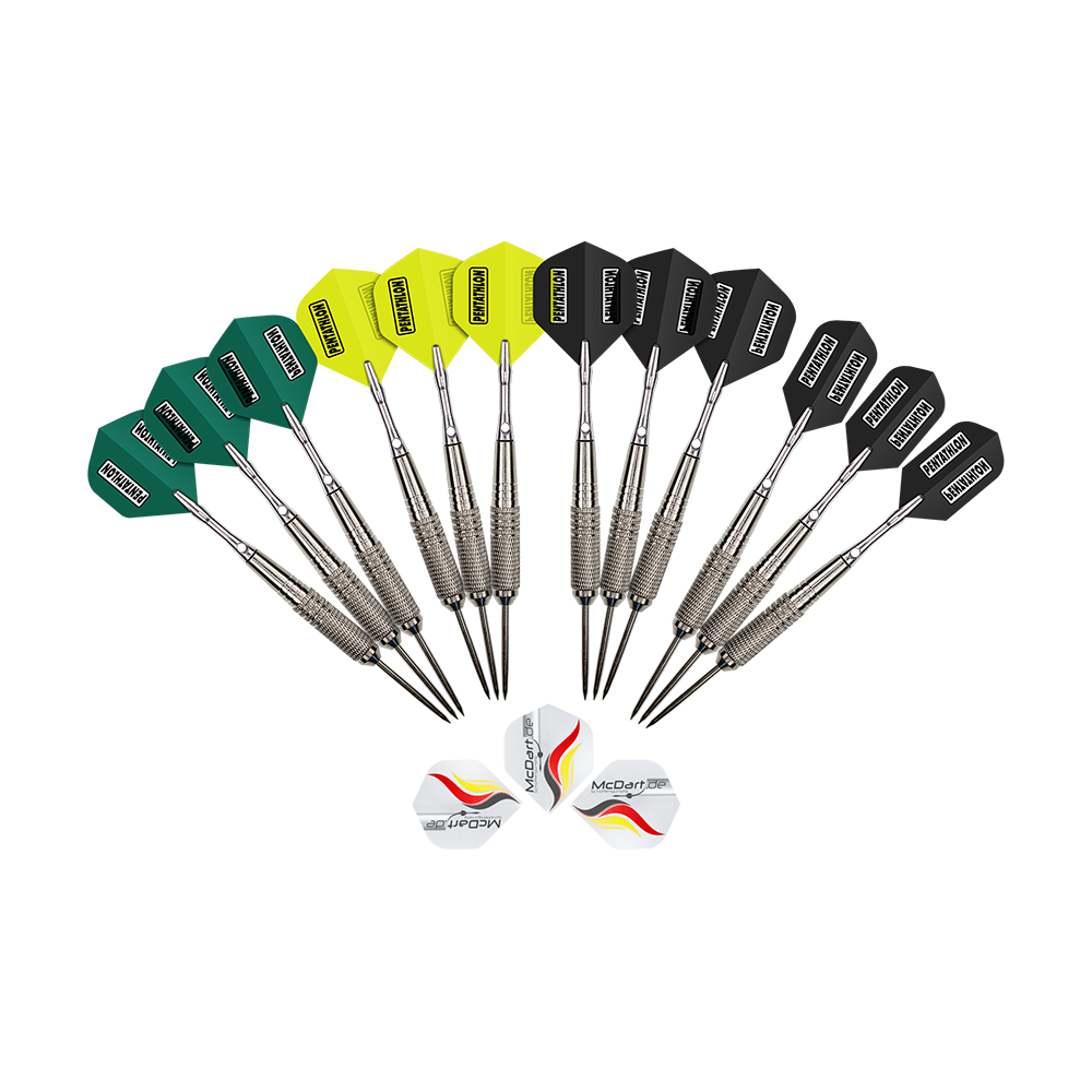 MCST-5_McDart_12er_Steeldarts_1 McDart 12er Steeldarts. Auf dem Bild sind zwölf Steeldarts als Set dargestellt.