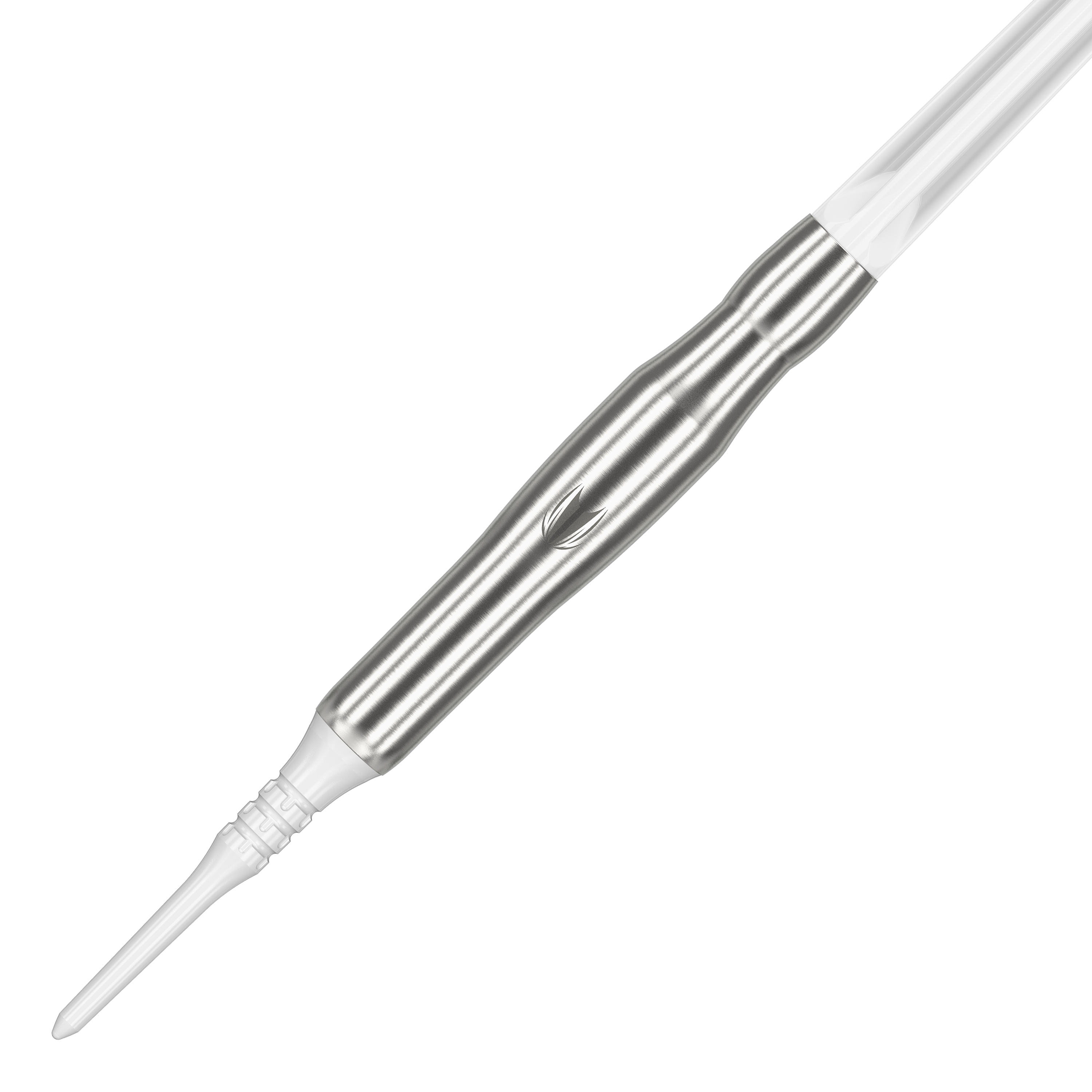 Měkké šipky Target Japan Crux Brave - 18,5 g Das Bild zeigt den Target Japan Crux Brave Softdart mit einem Gewicht von 18,5g. Der Dartpfeil hat ein elegantes, silbernes Design mit einer weißen Spitze.
