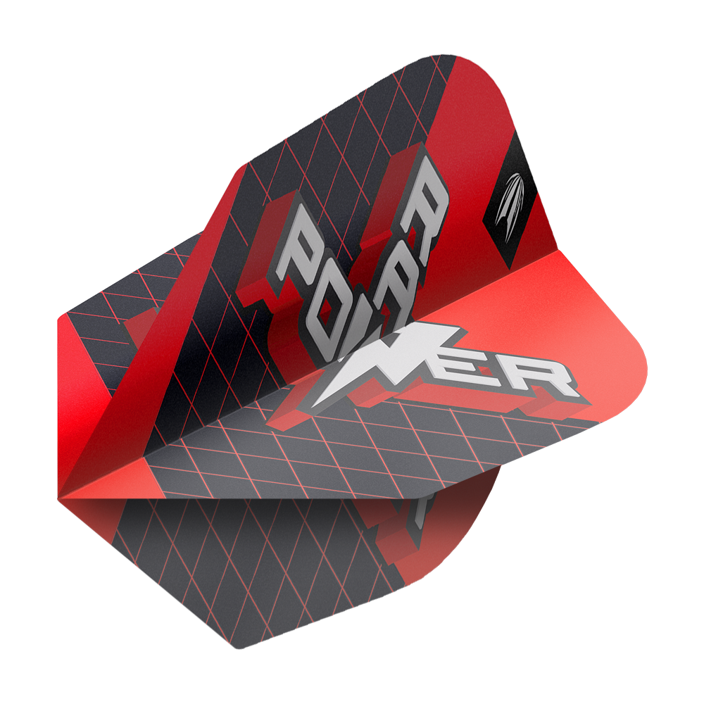 Das Bild zeigt ein Dart-Flight aus der Serie "Target Pro Ultra Phil Taylor Power 9Five GEN11 No6". Das Flight ist überwiegend schwarz und rot und trägt den Schriftzug "POWER".