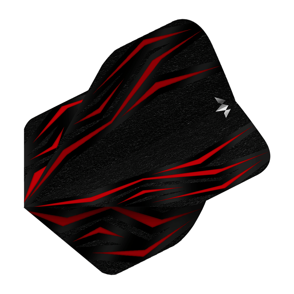 Standardní lety Mission Lava Red No2 Das Bild zeigt einen Mission Lava Red No2 Standard Flight für Darts. Das Design ist überwiegend schwarz mit auffälligen roten Linien und einem kleinen weißen Logo.