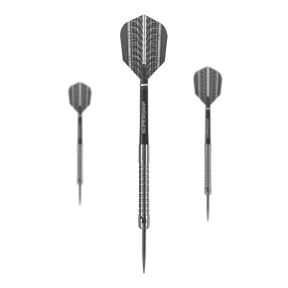 Šipky Harrows Supergrip z 90% wolframové oceli Das Bild zeigt drei Harrows Supergrip 90% Tungsten Steeldarts. Die Darts haben ein silbernes Design mit schwarzem Schaft und Flight.