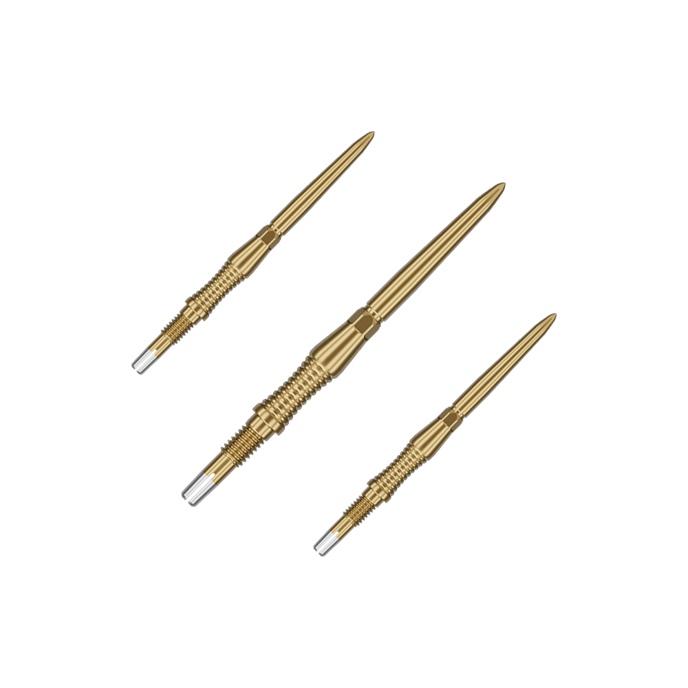 Špičky na šipky Target Swiss Point Signature RST - zlaté Das Bild zeigt ein Set von goldenen Target Swiss Point Dartspitzen Signature RST mit 30mm Länge. Die Spitzen sind ordentlich nebeneinander angeordnet.