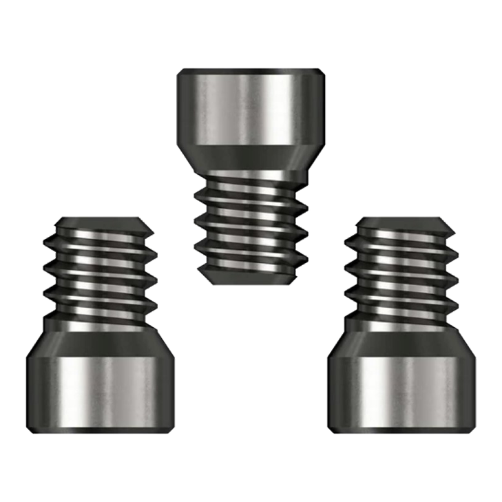 Kohoutky systému Caliburn Das Bild zeigt drei Caliburn System Spigots mit einem Durchmesser von 2,33 mm. Sie sind aus Metall gefertigt und haben ein Gewinde auf einer Seite.