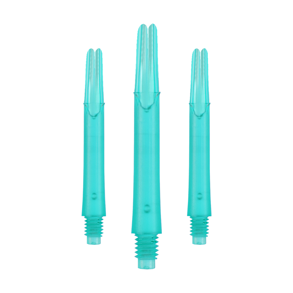 L-L-Style-Shafts Uzamčené rovné - Emerald Das Bild zeigt drei gerade, durchsichtig-grüne Dartschäfte mit Gewinde am unteren Ende. Sie sind ohne Kappen abgebildet und stehen aufrecht nebeneinander.