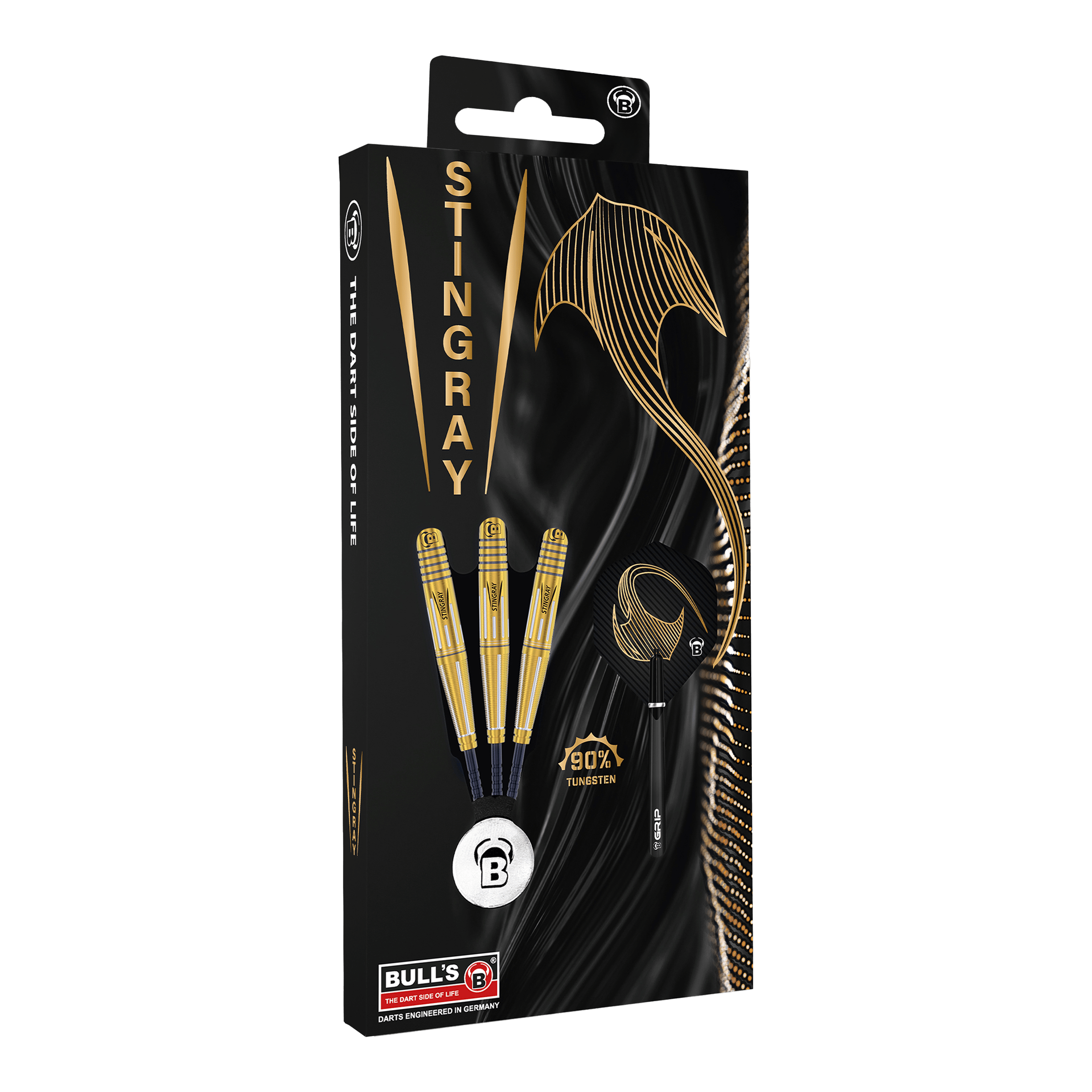 Die Abbildung zeigt die Verpackung der "Bulls Stingray ST4 Steeldarts". Auf der schwarzen Verpackung sind drei goldfarbene Darts sowie ein stilisierter Stachelrochen und Schriftzüge in Gold zu sehen.