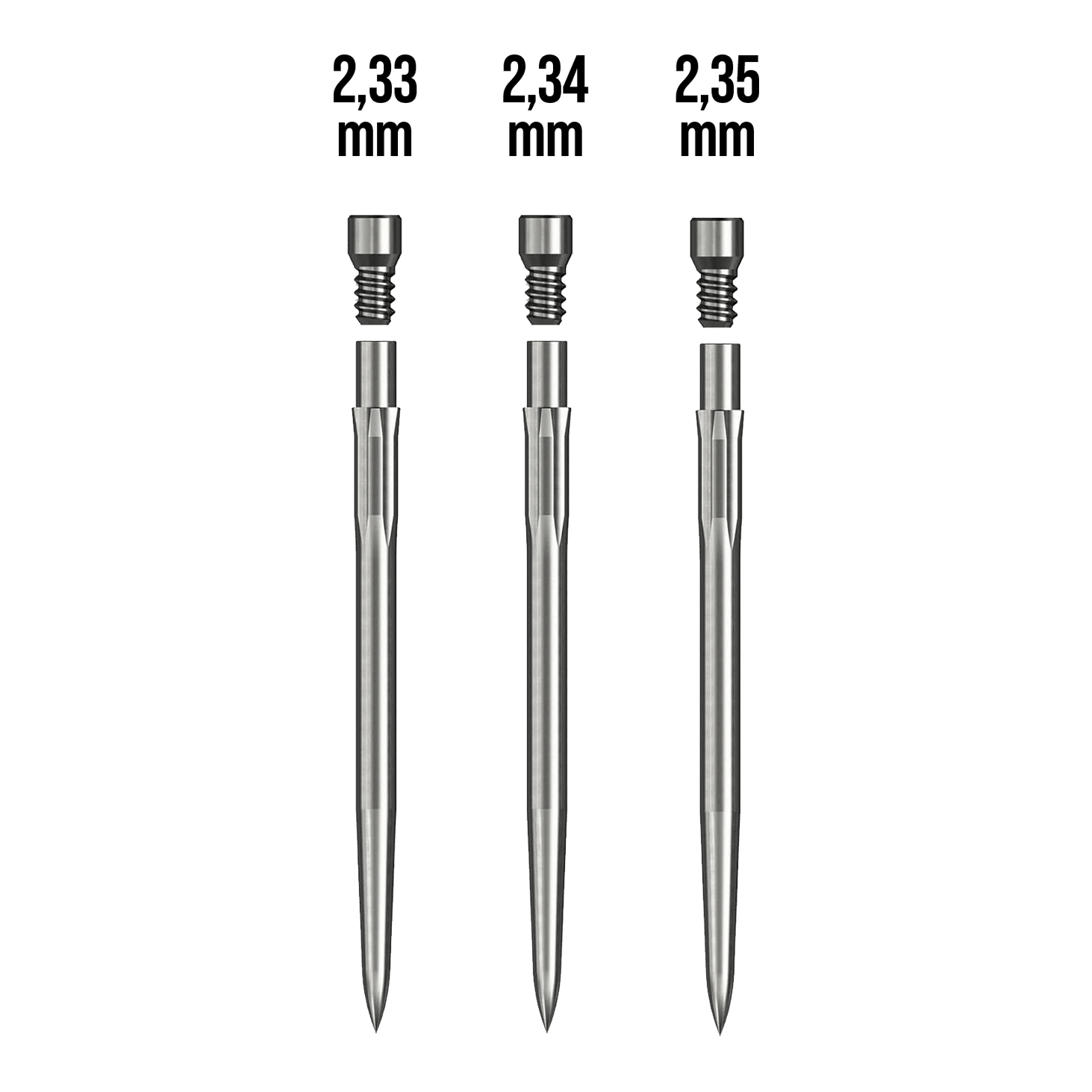 Startovací sada Caliburn Das Bild zeigt drei metallische Stifte mit unterschiedlichen Durchmessern: 2,33 mm, 2,34 mm und 2,35 mm. Sie gehören zum Produkt "Caliburn Starter-Kit."