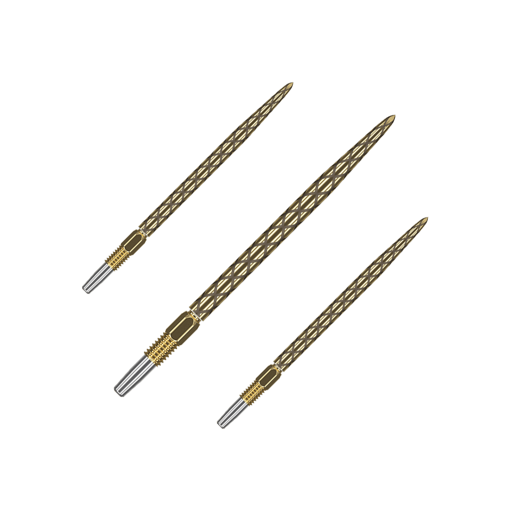 Zaměřte hroty šipek Swiss Diamond Pro Gold Das Bild zeigt drei goldfarbene Dartspitzen mit einem rautenförmigen Muster. Sie sind nebeneinander auf einem weißen Hintergrund angeordnet.