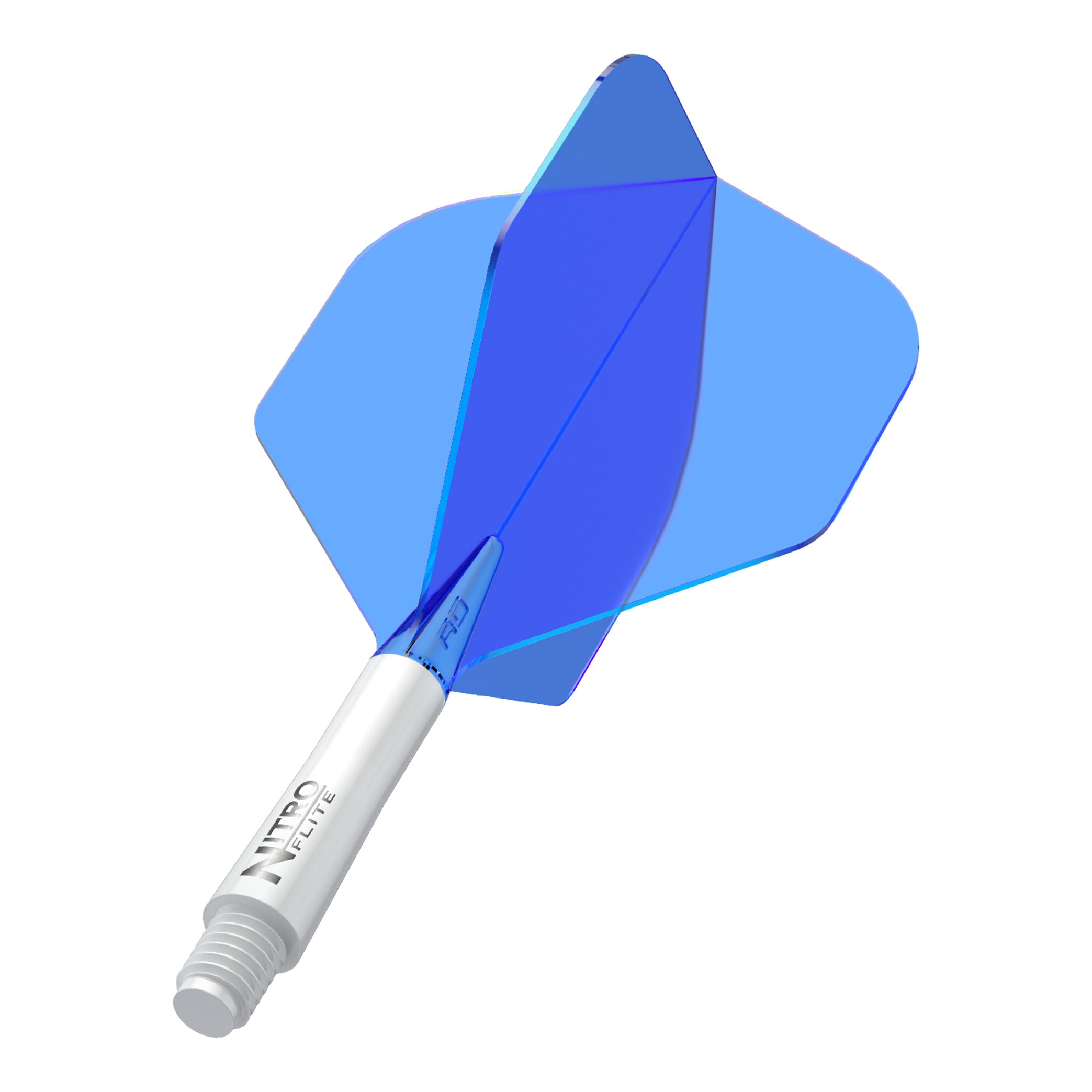 Red Dragon Nitroplite - White Shaft Blue No2 Flights Das Bild zeigt einen blauen Dartflight mit einem weißen Schaft. Auf dem Schaft steht der Schriftzug "NITRO FLITE".