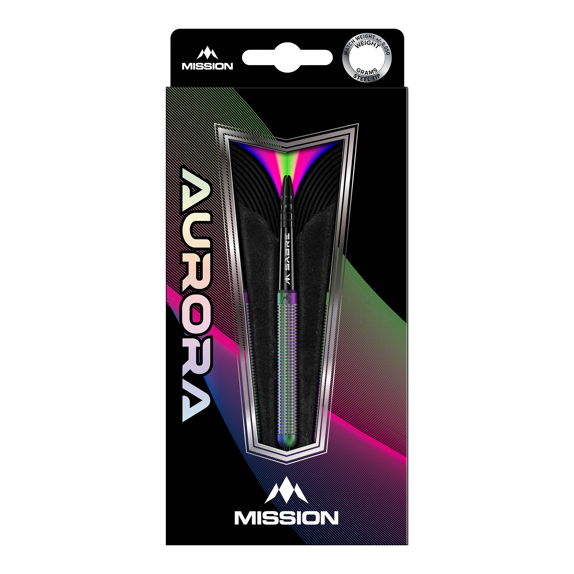 Ocelové šipky Mission Aurora Coral PVD - 23g Die Abbildung zeigt die Mission Aurora Coral PVD Steeldarts mit einem Gewicht von 23g in ihrer Verpackung. Das Design der Verpackung ist modern und farbenfroh, mit auffälligen Regenbogen-Effekten.
