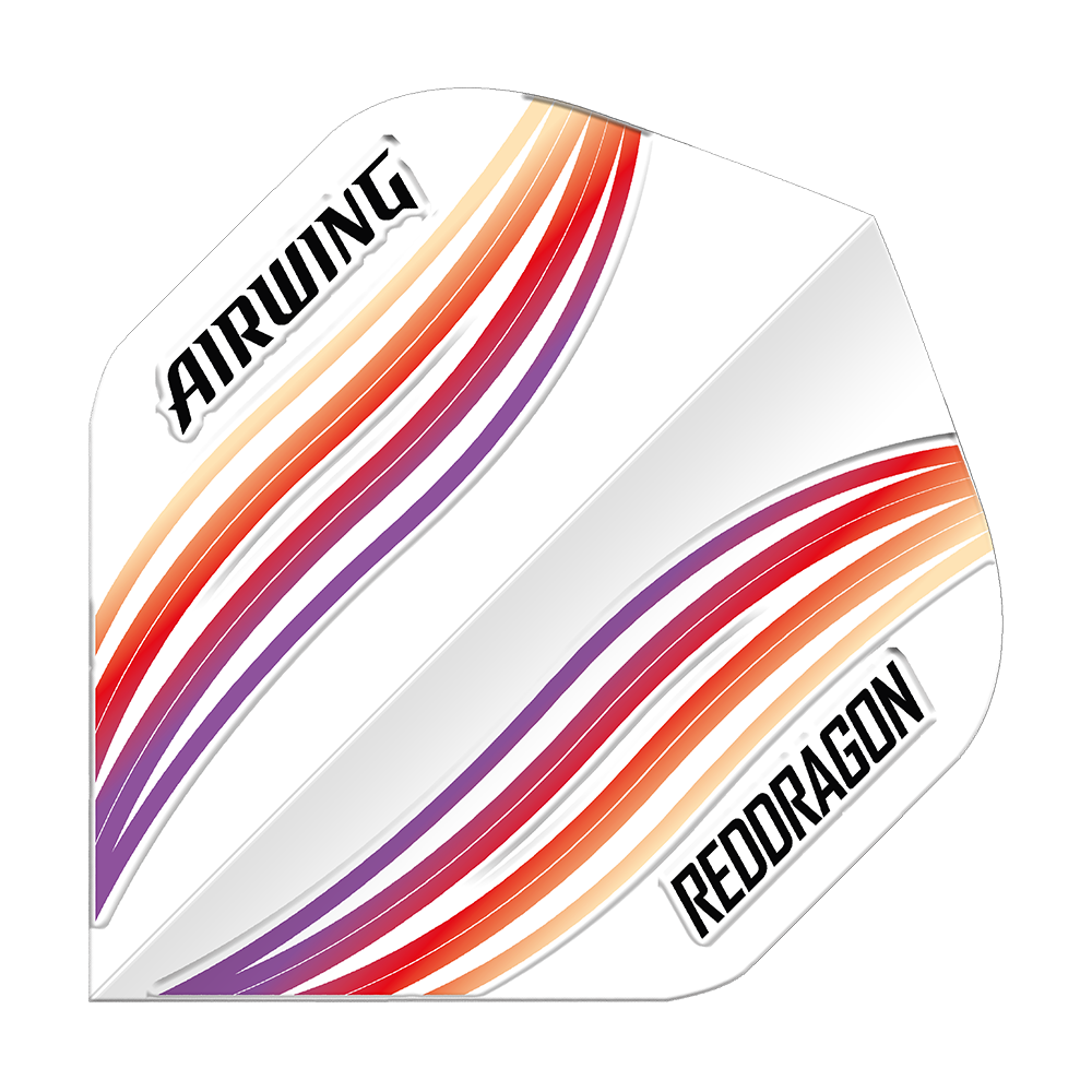 Standardní lety Red Dragon Airwing Red Wave Das Bild zeigt ein Dartflight mit dem Namen „Red Dragon Airwing Red Wave Standard Flights“. Das Flight ist weiß mit roten, orangenen und lilafarbenen Wellenstreifen sowie den Aufschriften „AIRWING“ und „RED DRAGON“.