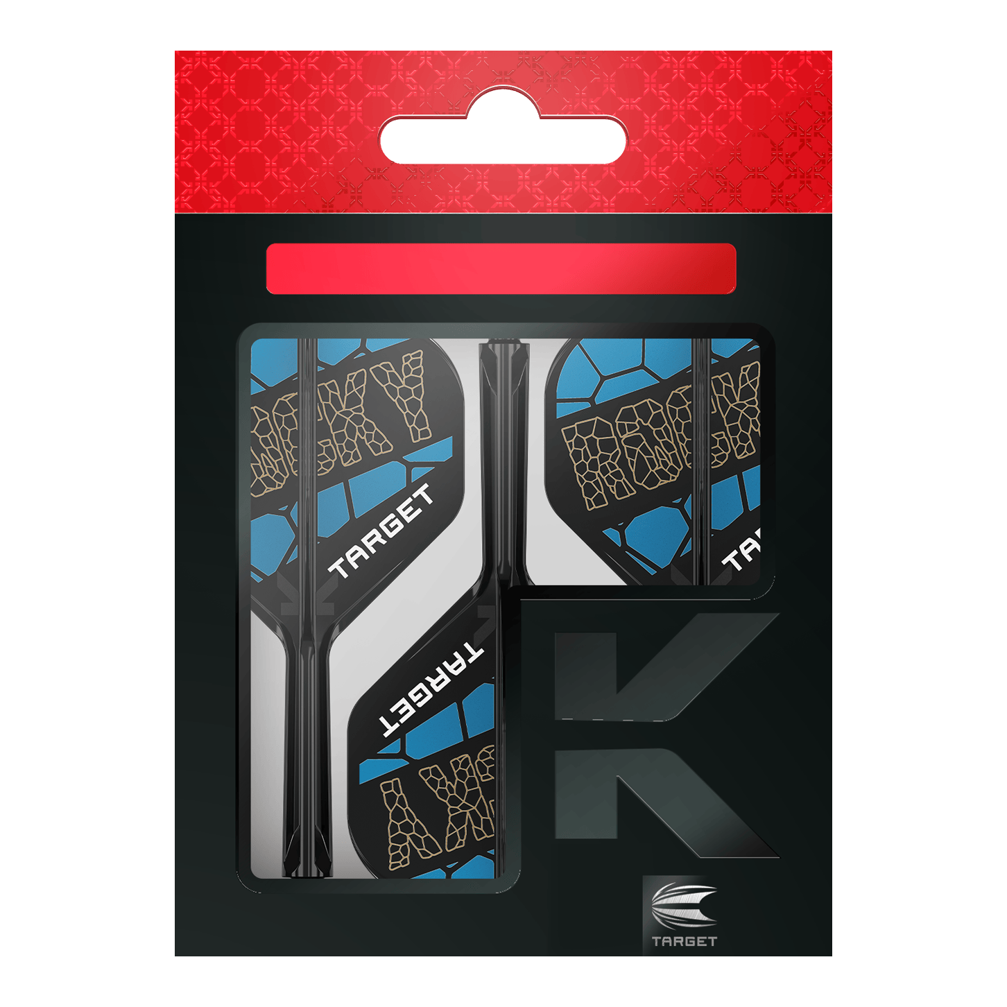 Systém standardní letové hřídele Target K-Flex Josh Rock No2 Das Bild zeigt das Produkt "Target K-Flex Josh Rock No2 Standard Flight-Shaft-System" in seiner Verpackung. Die Flights sind schwarz, blau und weiß gestaltet und tragen den Schriftzug "ROCKY" sowie "TARGET".