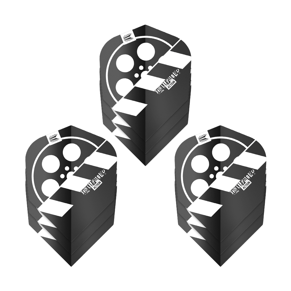 Letky Target Pro Ultra Chris Dobey Hollywood Action č. 6 - 3 sady Das Bild zeigt drei Sets von schwarzen Dartflights mit einem Filmrollen-Design. Auf den Flights steht „HOLLYWOOD ACTION“ und sie gehören zum Produkt „Target Pro Ultra Chris Dobey Hollywood Action No6“.