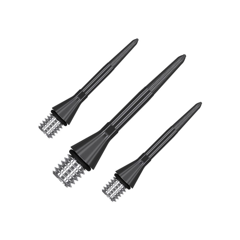 380160_Target_Titanium_Swiss_Point_Nano_Conversion_Points_Schwarz_26mm_1 Das Bild zeigt drei schwarze, spitze Metallstifte mit einem Gewinde am breiteren Ende. Sie sind gleich lang und liegen nebeneinander auf einem grünen Hintergrund.
