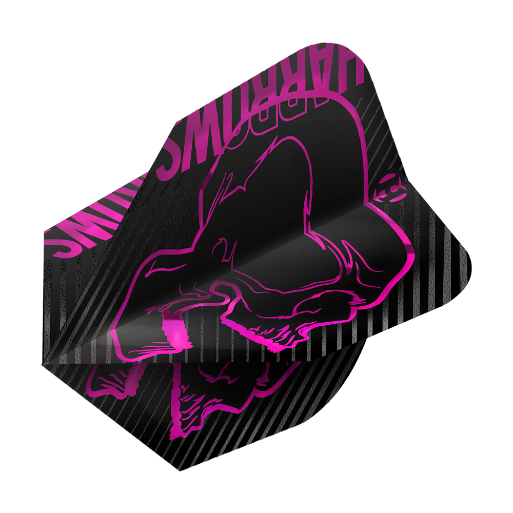Lety Harrows Rage Pink No6 Dies ist ein Dartflight des Modells „Harrows Rage Pink No6“. Das Design ist schwarz mit einem auffälligen pinken Totenkopf und den Worten „Harrows“ in Pink.