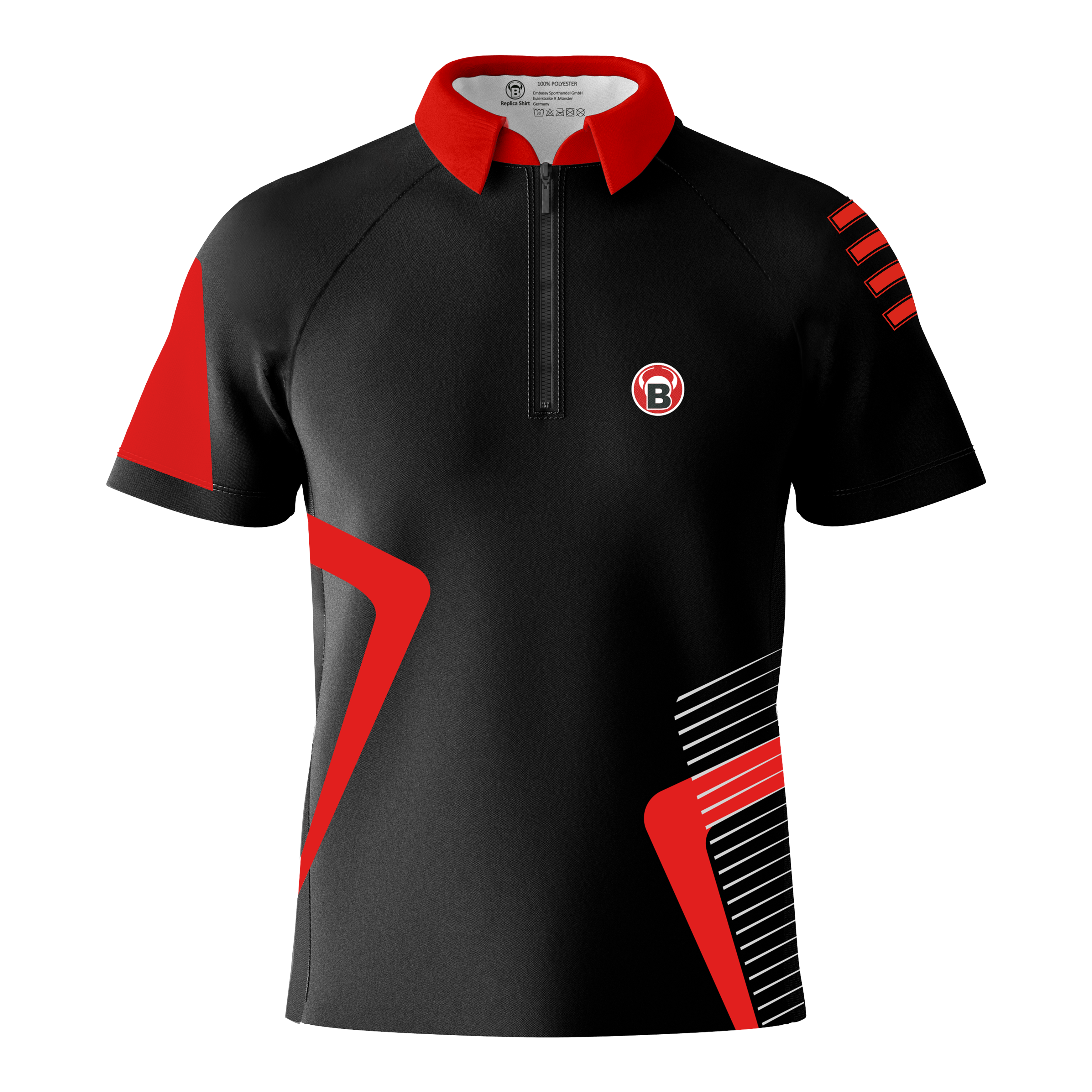Košile Bulls Team Dart - červená Das Bild zeigt ein schwarzes Dartshirt mit roten und weißen Akzenten. Auf der linken Brust befindet sich ein rundes Logo mit einem "B".