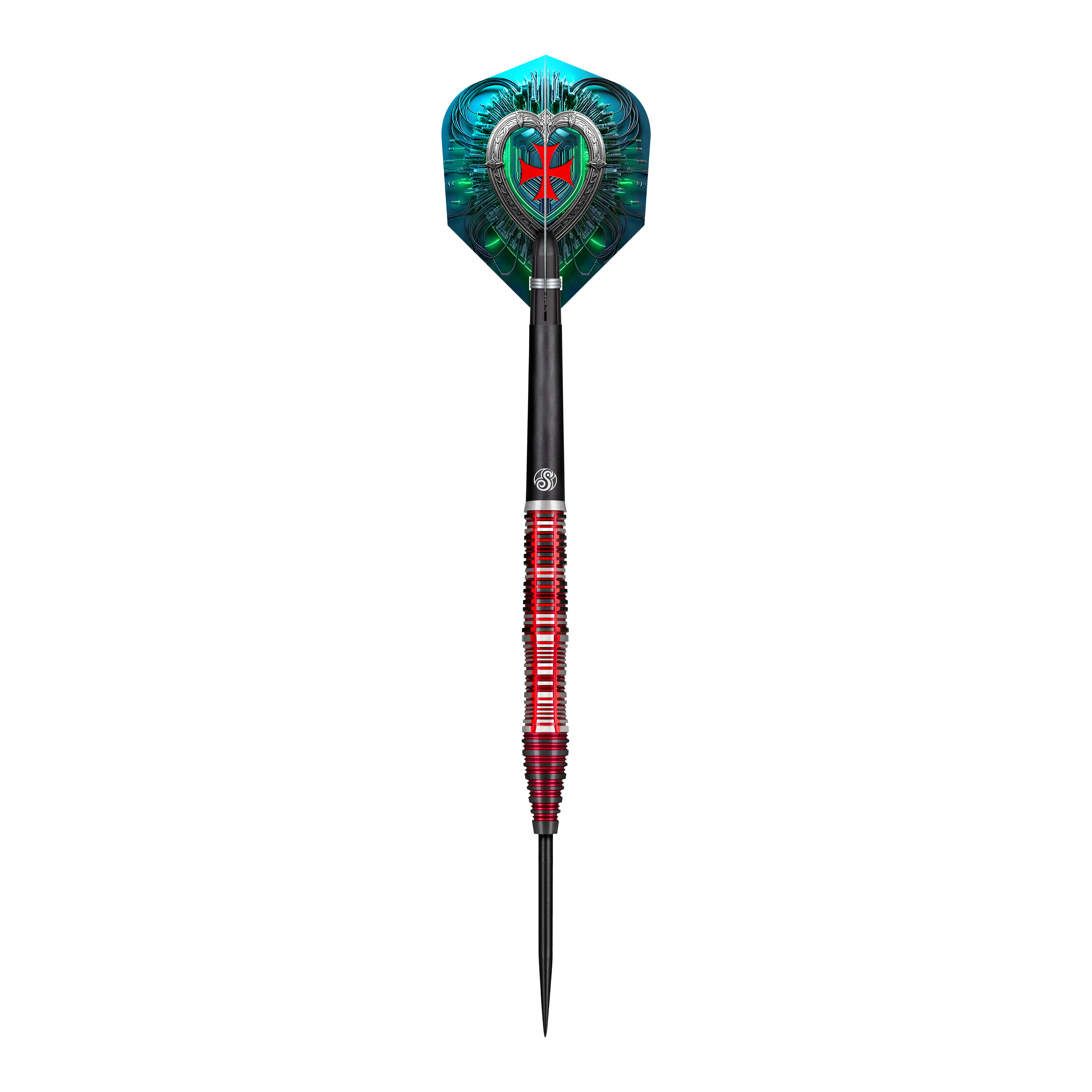 Das Bild zeigt den Shot Future Knights Dreadheart Steeldart. Der Dartpfeil hat ein auffälliges Design mit roten und schwarzen Akzenten sowie einer dekorativen Flightscheibe.