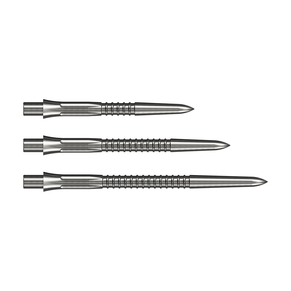 Auf dem Bild sieht man die Mission Caliburn EVO Dartspitzen GV1 in Silber. Die Spitzen sind für präzises Dartspiel konzipiert.