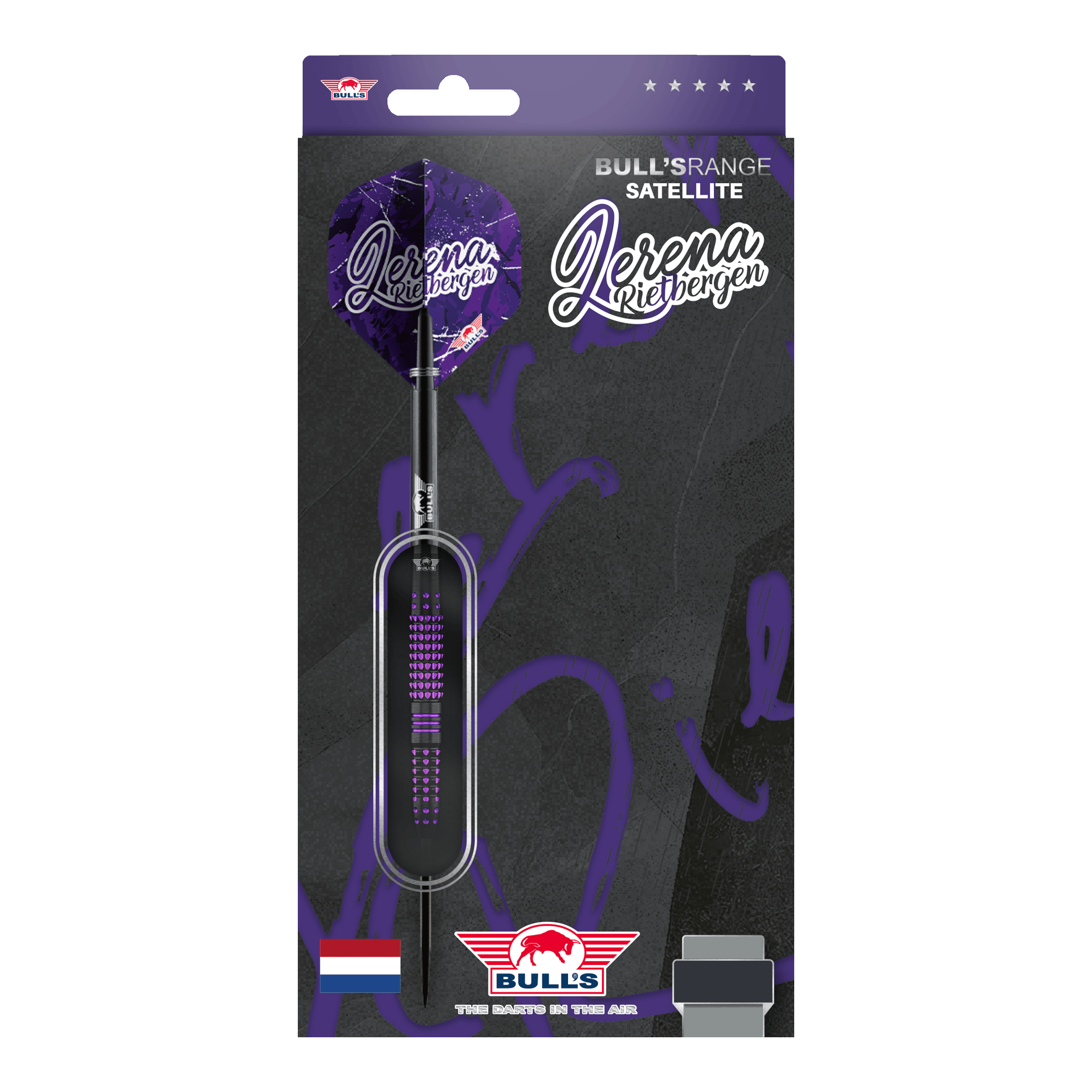 Bulls NL Lerena Rietbergen ocelové šipky - 24g Auf dem Bild sind die Bulls NL Lerena Rietbergen Steeldarts - 24g zu sehen. Die Steeldarts sind professionell gestaltet und zeigen feine Details.