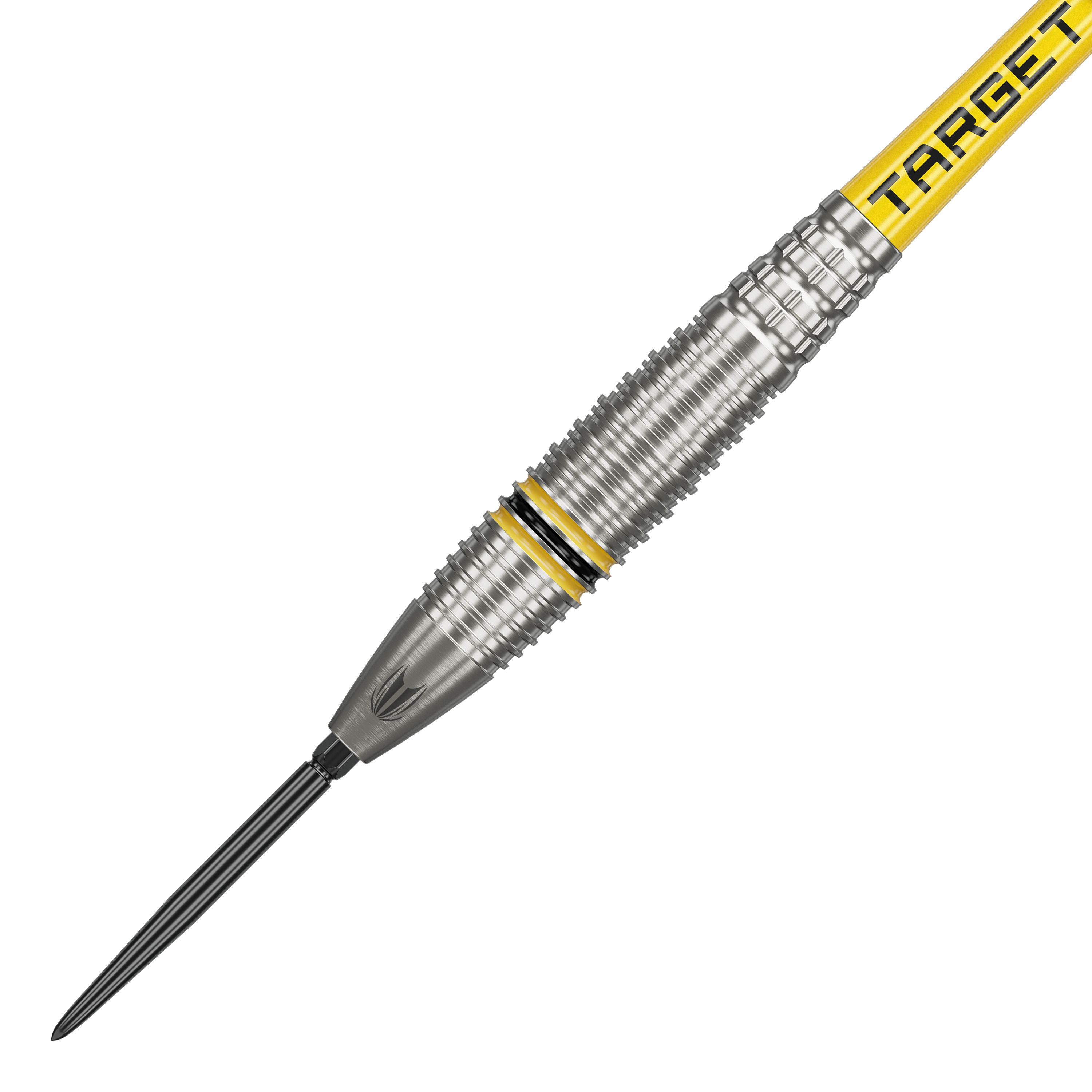 Das Bild zeigt einen Target Scott Williams GEN2 Swiss Point Steeldart. Der Dart ist silberfarben mit gelben und schwarzen Akzenten sowie der Aufschrift "TARGET" auf dem Schaft.