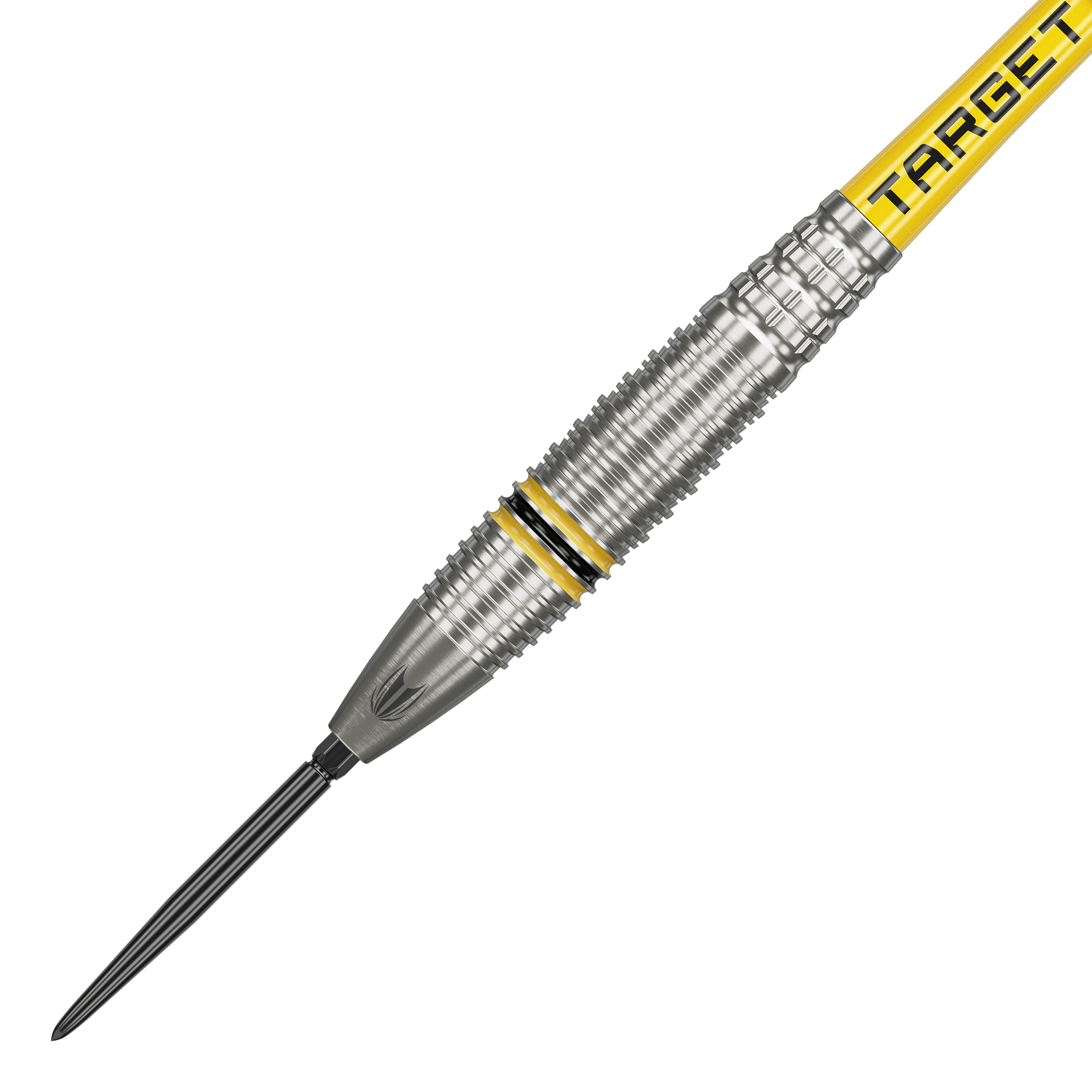Ocelové šipky Target Scott Williams GEN2 Swiss Point Das Bild zeigt einen Target Scott Williams GEN2 Swiss Point Steeldart. Der Dart ist silberfarben mit gelben und schwarzen Akzenten sowie der Aufschrift "TARGET" auf dem Schaft.