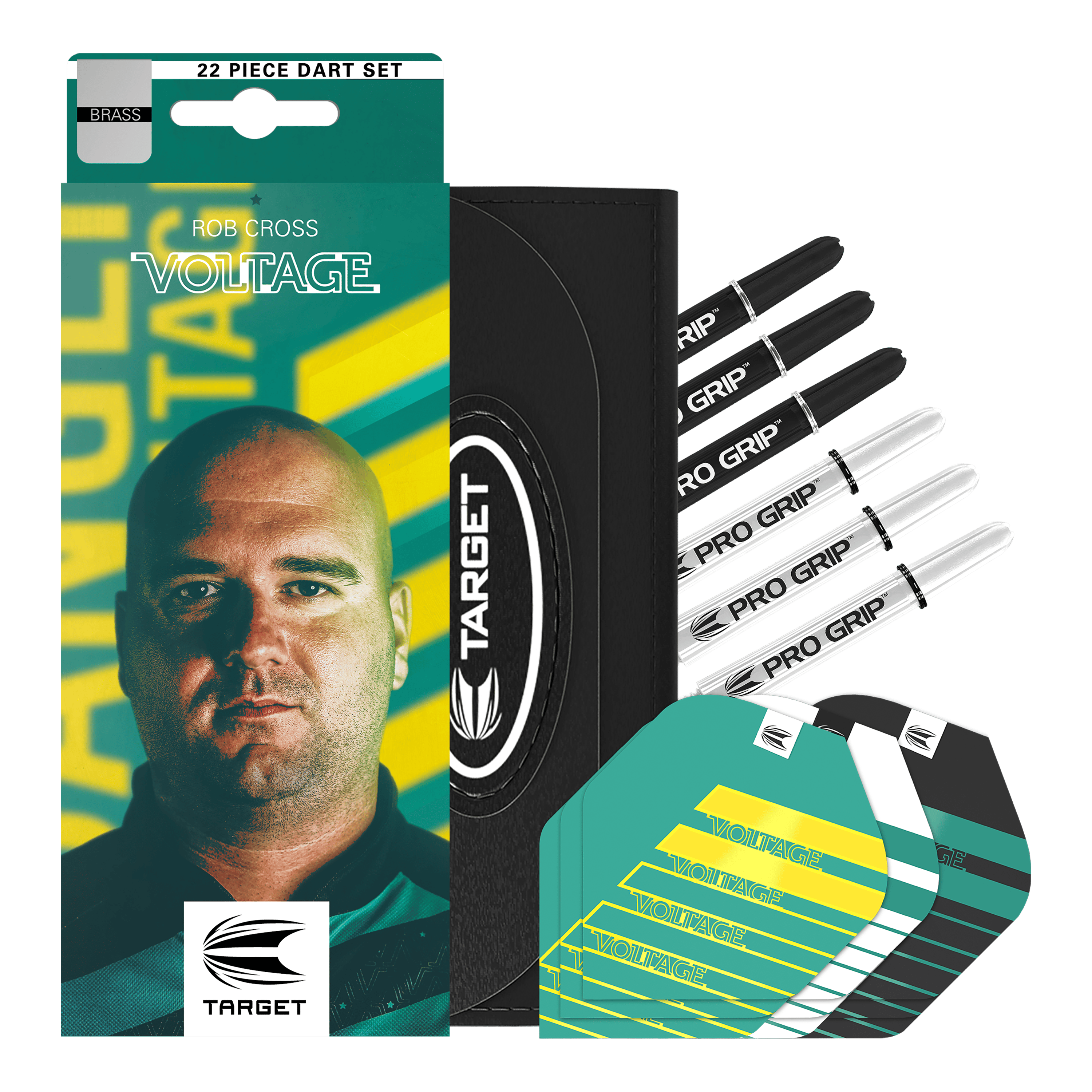 Šipky Target Rob Cross Brass Soft - 18g Das Bild zeigt das Produkt „Target Rob Cross Brass Softdarts - 18g“ in einer auffälligen Verpackung mit dem Bild eines Mannes und dem Schriftzug „VOLTAGE“. Neben der Verpackung sind verschiedene Dartteile wie Shafts, Flights und ein Etui zu sehen.