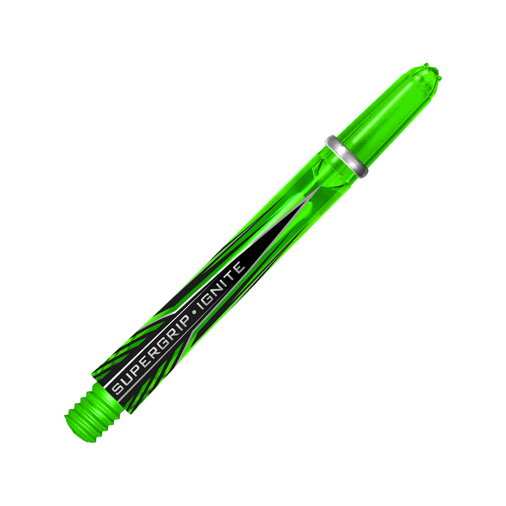 Das Bild zeigt einen grünen Harrows Supergrip Ignite Shaft für Dartpfeile. Auf dem Schaft steht der Schriftzug "SUPERGRIP IGNITE".