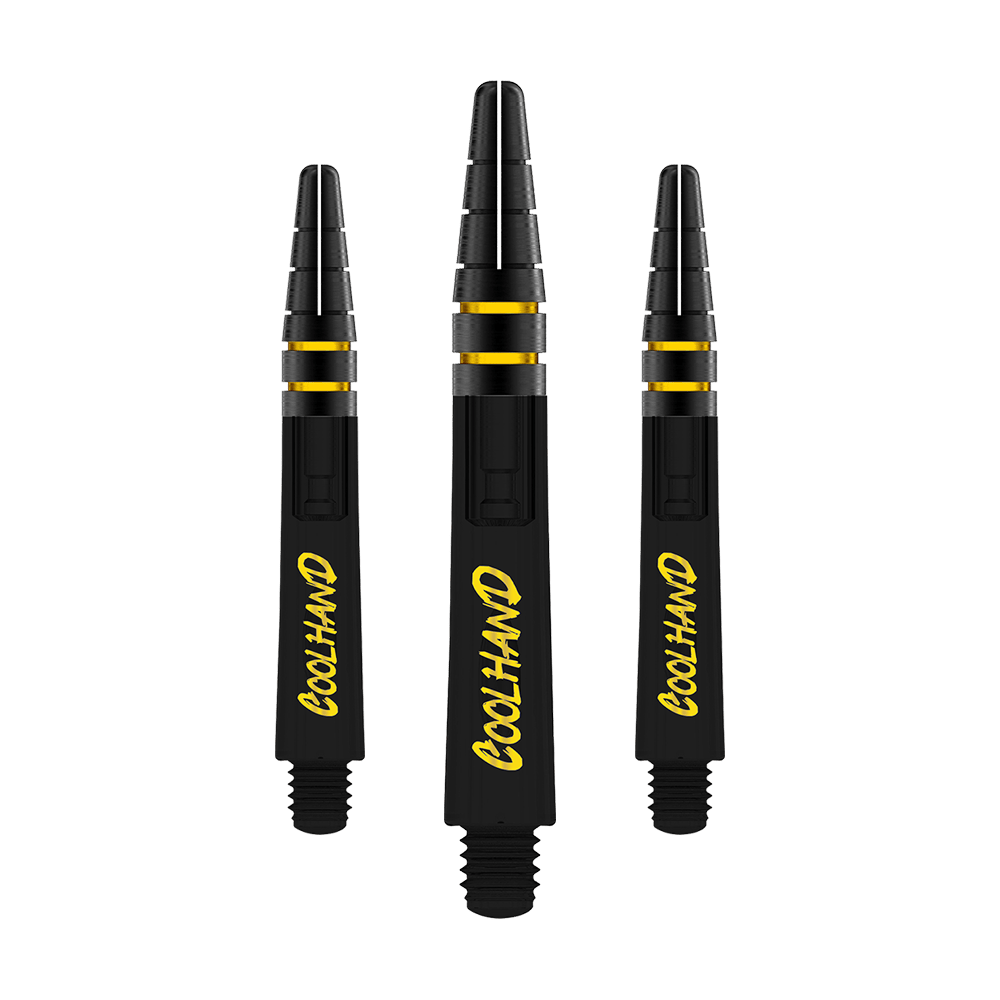 Red Dragon Nitrotech Luke Humphries Coolhand shafty - černé Auf dem Bild sind drei schwarze Dartschäfte mit gelber Aufschrift "COOLHAND" zu sehen. Die Schäfte haben goldene Akzente und sind 36 mm lang.