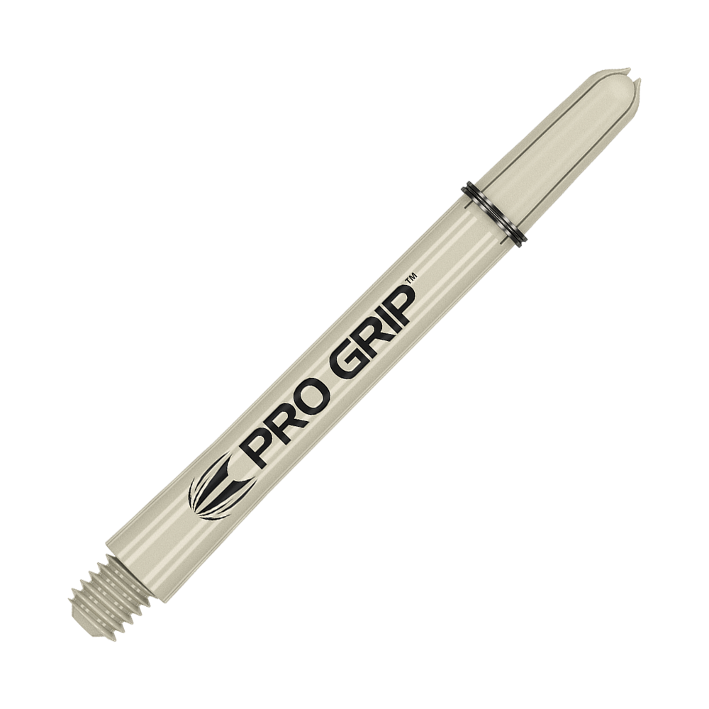 380152_Target_Pro_Grip_Shafts_Sand_48mm_2 Auf dem Bild ist ein beiger Dart-Schaft mit der Aufschrift "PRO GRIP" zu sehen. Der Schaft hat ein Schraubgewinde an einem Ende und einen Schlitz für Flights am anderen Ende.