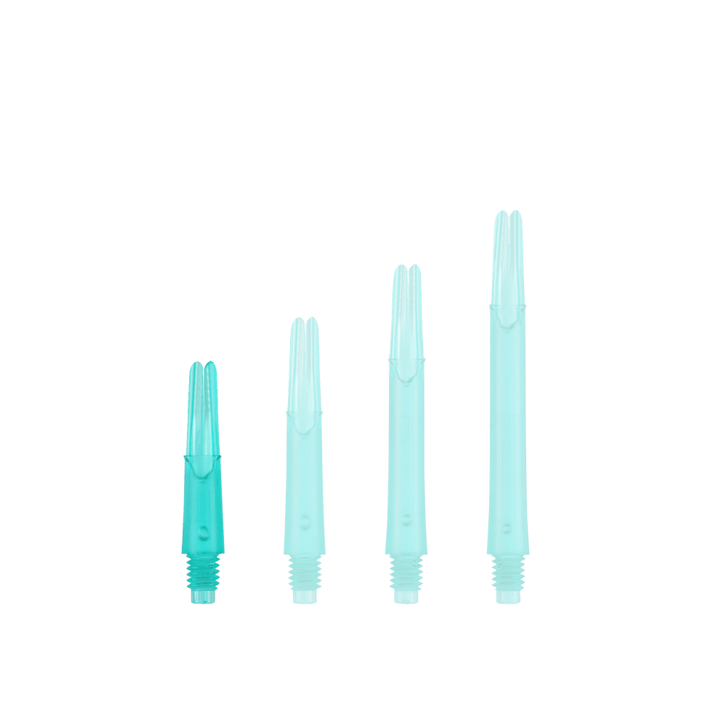 L-L-Style-Shafts Uzamčené rovné - Emerald Auf dem Bild sind vier grüne, durchsichtige Kunststoffteile in unterschiedlichen Längen zu sehen. Sie stehen nebeneinander und haben am unteren Ende ein Schraubgewinde.