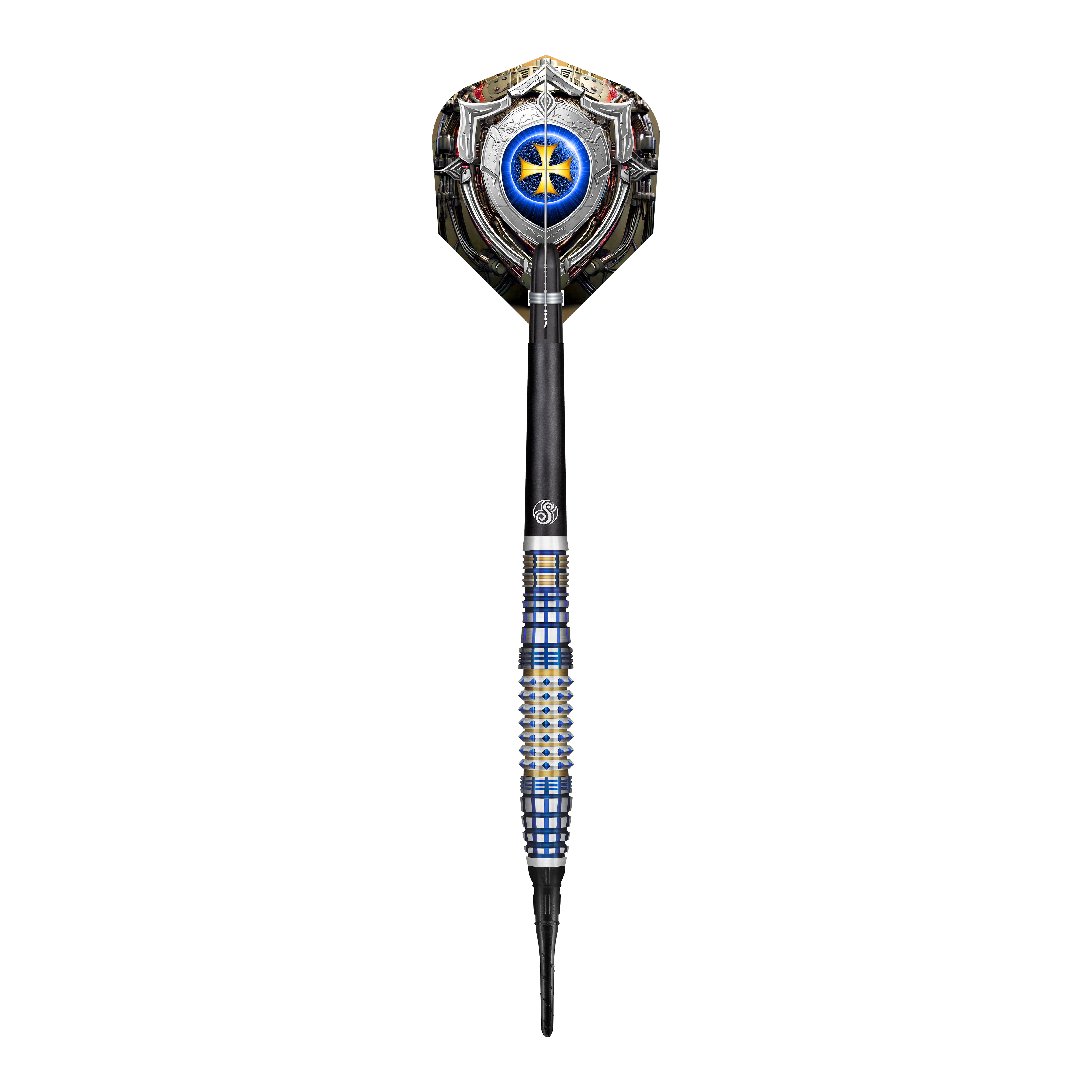 Das Bild zeigt einen Shot Future Knights Darkstar Softdart mit einem Gewicht von 20g. Der Dart hat ein auffälliges Design mit blauen und silbernen Akzenten sowie einer detailreichen Flight-Grafik.