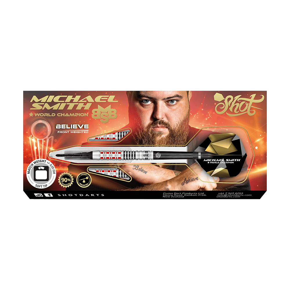 Střílel Michael Smith Believe soft šipky Auf dem Bild ist eine Verpackung für Softdarts mit dem Namen "Michael Smith Believe" zu sehen. Im Hintergrund ist ein Porträt eines Mannes mit Bart abgebildet.