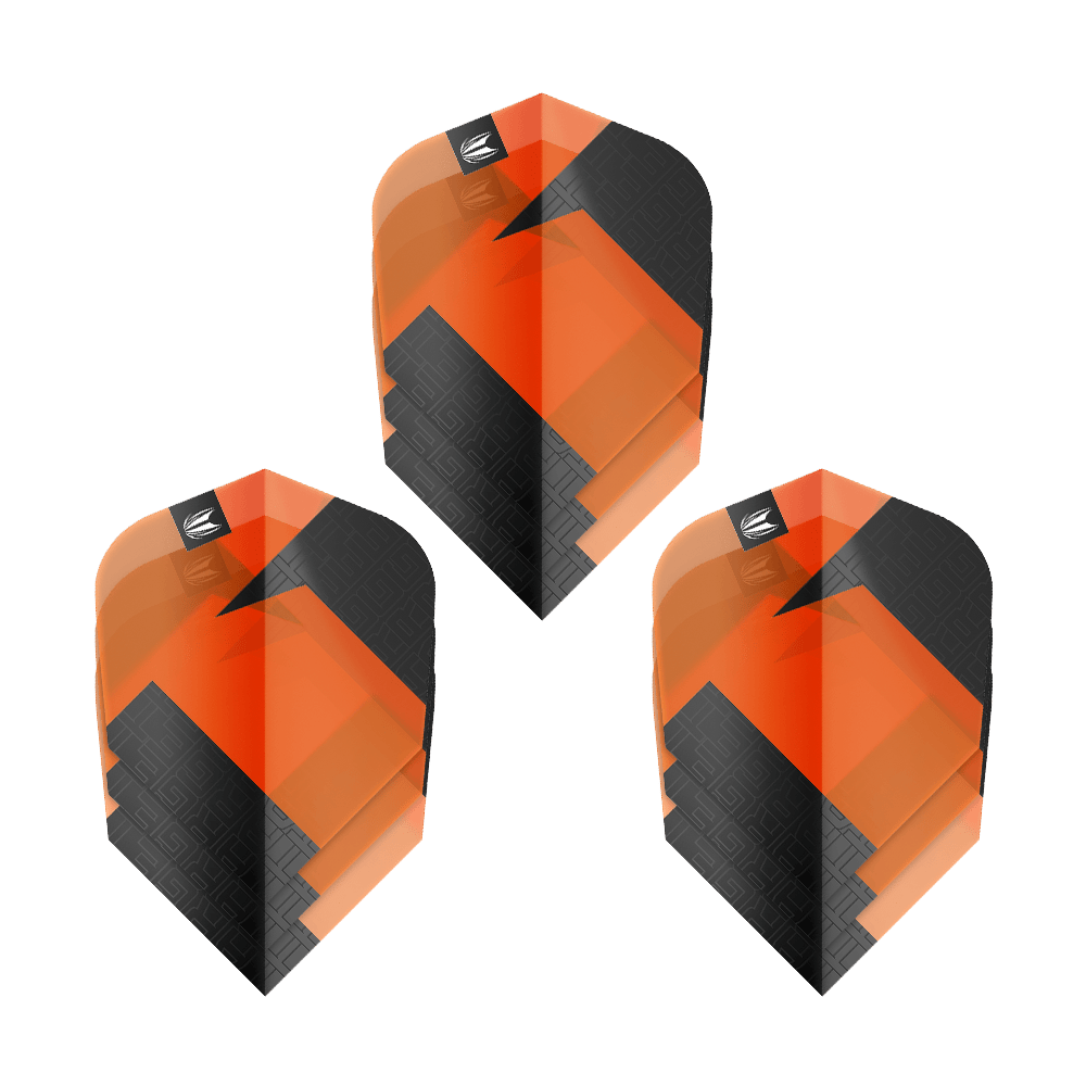Standardní letky Target Pro Ultra TAG Orange Ten-X - 3 sady Das Bild zeigt drei Sets von Target Pro Ultra TAG Orange Ten-X Standard Flights. Die Flights sind orange und schwarz gestaltet und haben ein modernes, geometrisches Muster.