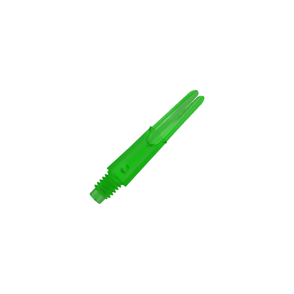 L-L-Style-Shafts Locked Straight - Green Das Bild zeigt einen geraden, grünen Dart-Schaft ohne Kappen. Der Schaft ist durchsichtig und hat ein Schraubgewinde am unteren Ende.