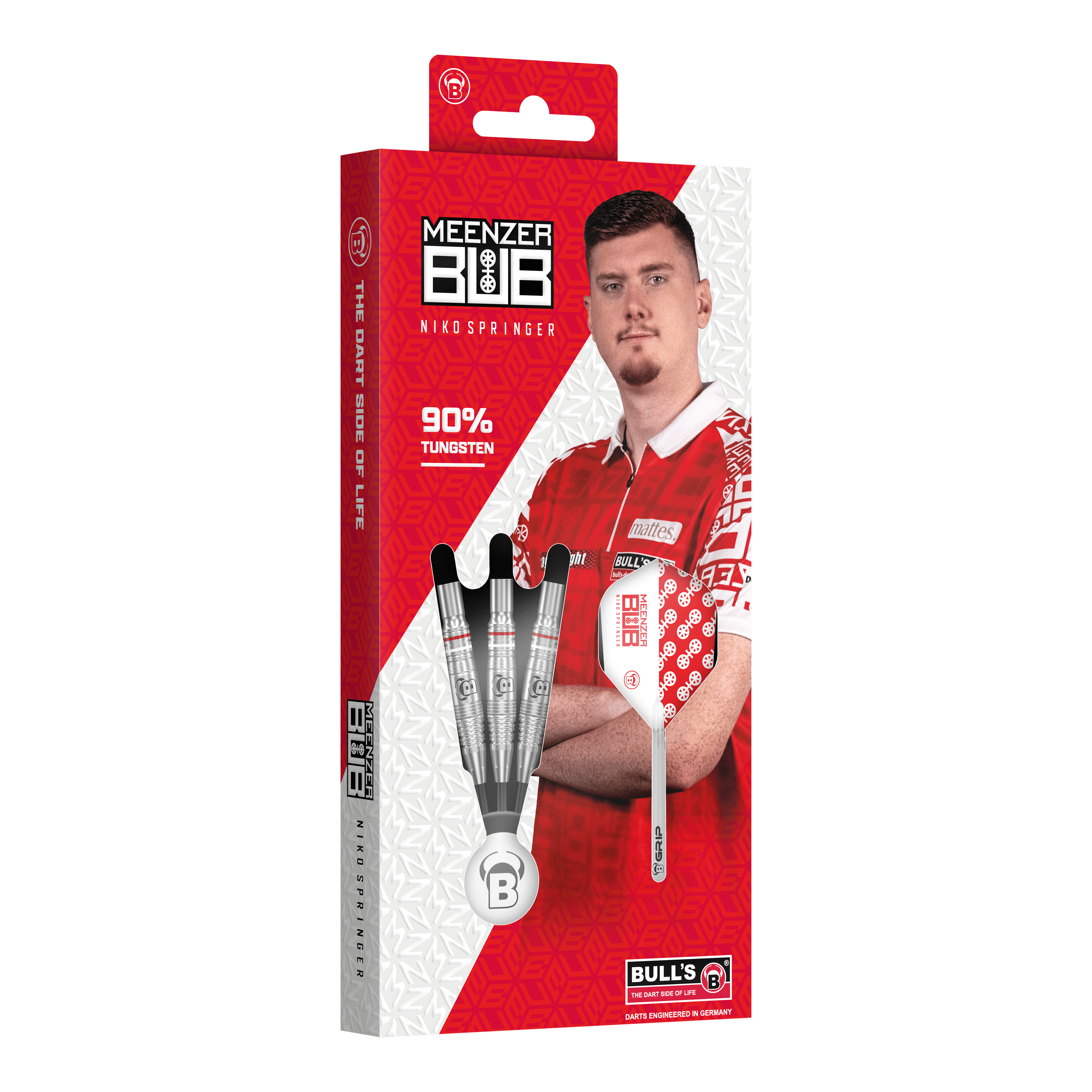Die Verpackung zeigt die Bulls Niko Springer Steeldarts mit 90% Tungsten. Auf der Vorderseite ist ein Bild von Niko Springer in rotem Trikot zu sehen.