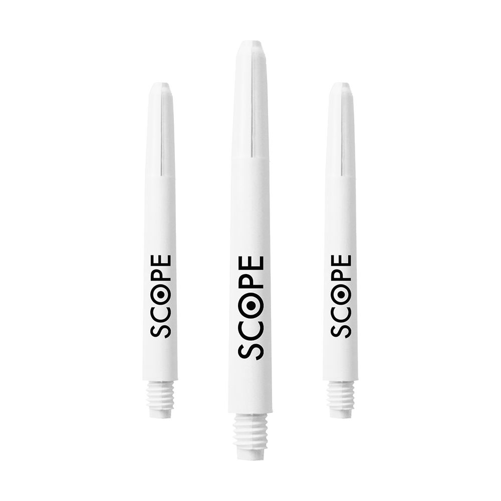 527_McDart_Scope_Nylon_Shafts_Weiss_48mm_1PBwnIwAzV1inH Das Bild zeigt drei weiße McDart Scope Nylon Shafts. Auf jedem Shaft steht das Wort "SCOPE" in schwarzer Schrift.