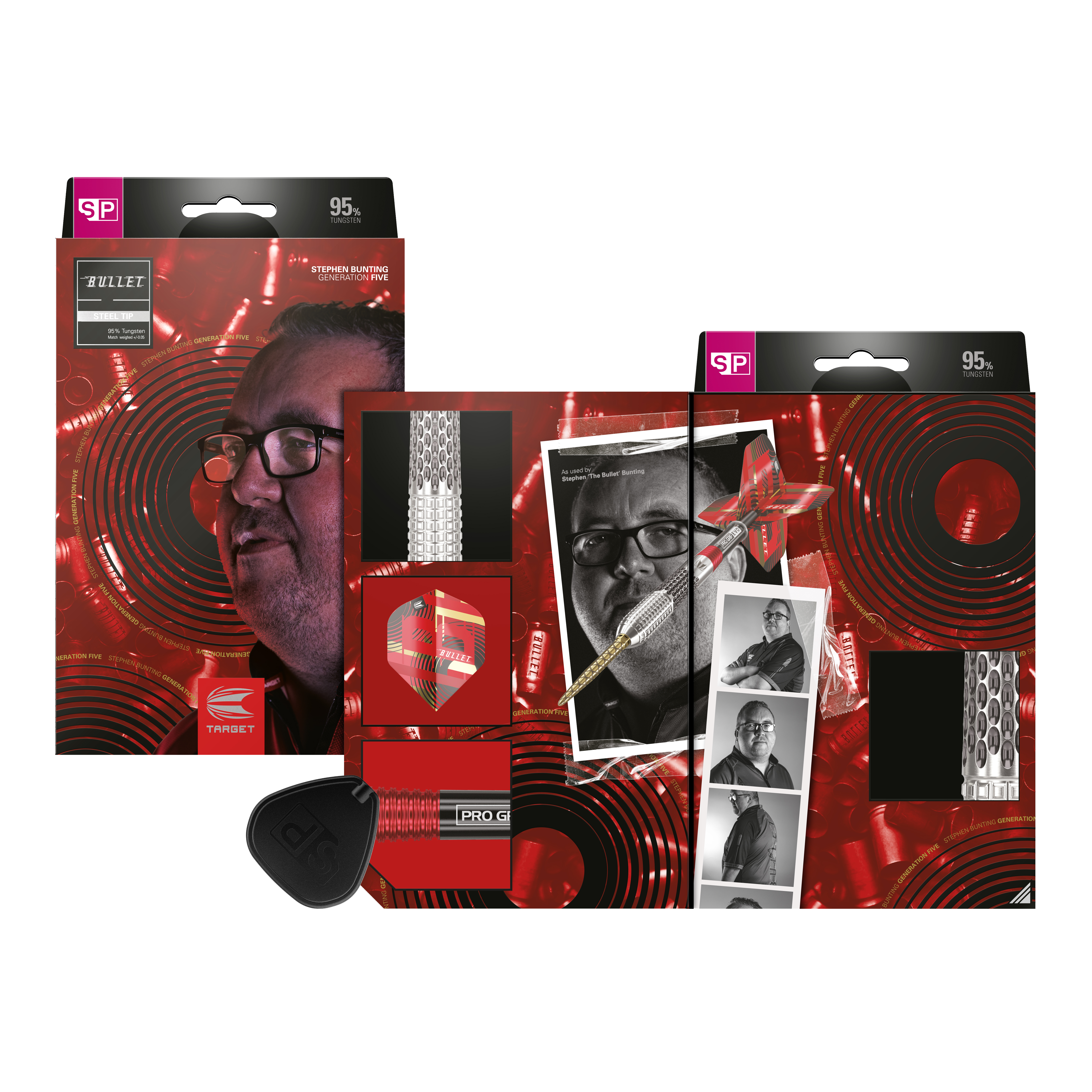 Šipky Target Stephen Bunting GEN5 Swiss Point Steel Die Abbildung zeigt die Verpackung und den Inhalt der Target Stephen Bunting GEN5 Swiss Point Steeldarts. Auf der Verpackung ist ein Porträt von Stephen Bunting sowie mehrere Produktbilder und Details der Darts zu sehen.
