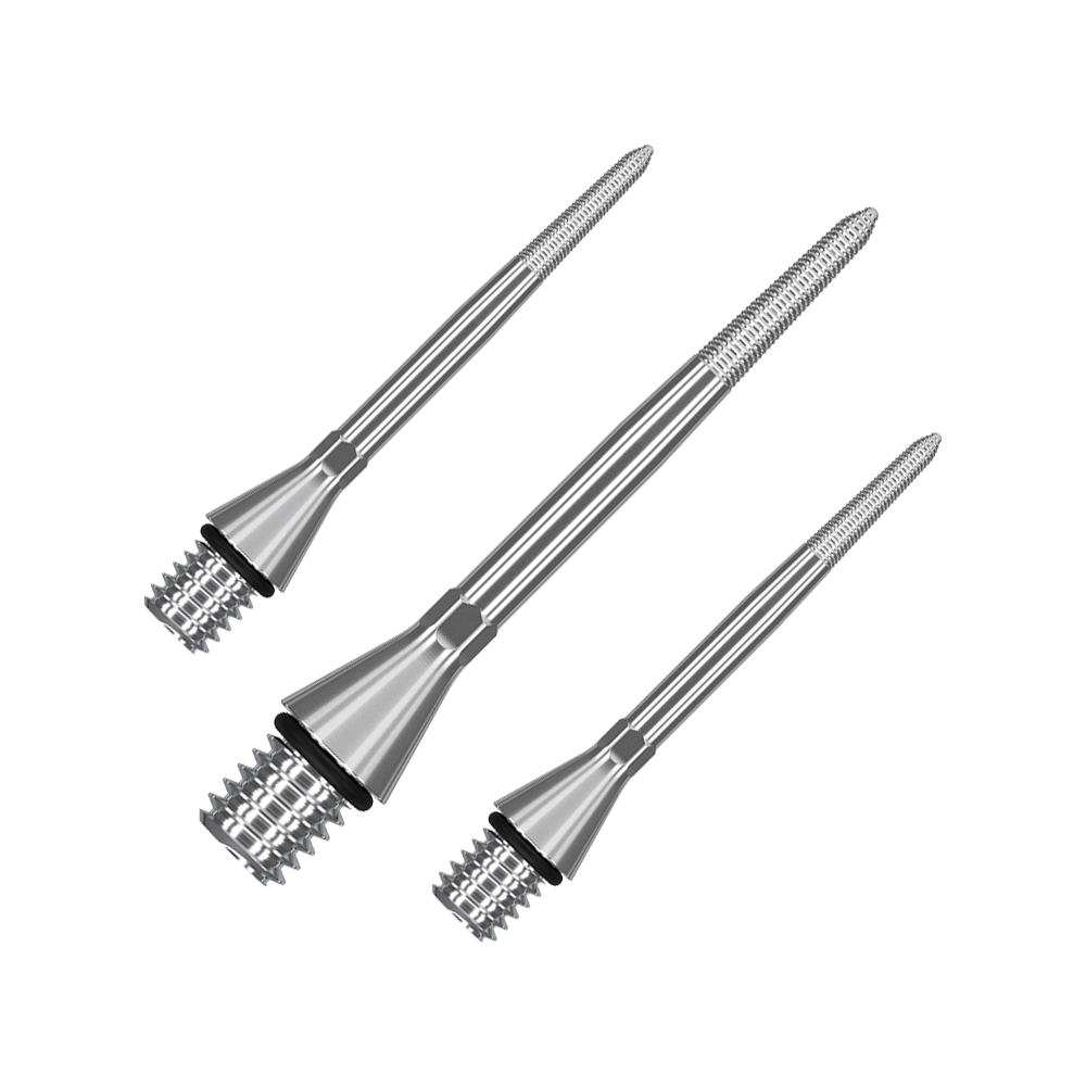 380169_Target_Titanium_Swiss_Point_Nano_Conversion_Points_Silber_30mm_1 Das Bild zeigt drei silberne, spitz zulaufende Metallaufsätze. Sie sind glänzend und haben ein präzises, geriffeltes Ende.
